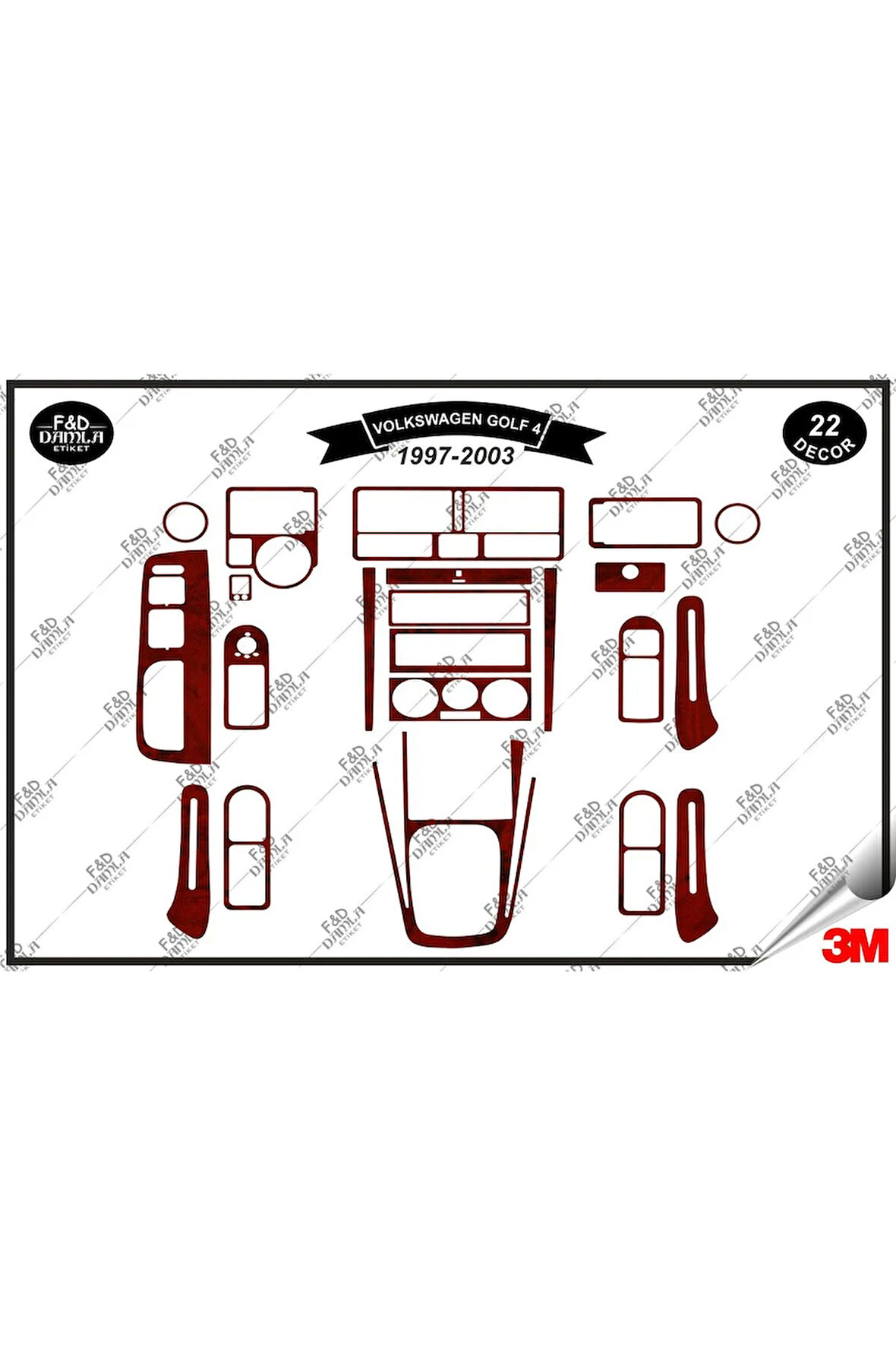Volkswagen Golf 4 1997-2003 Torpido Konsol Trim Göğüs Maun Kaplama Set 22 Parça Maun