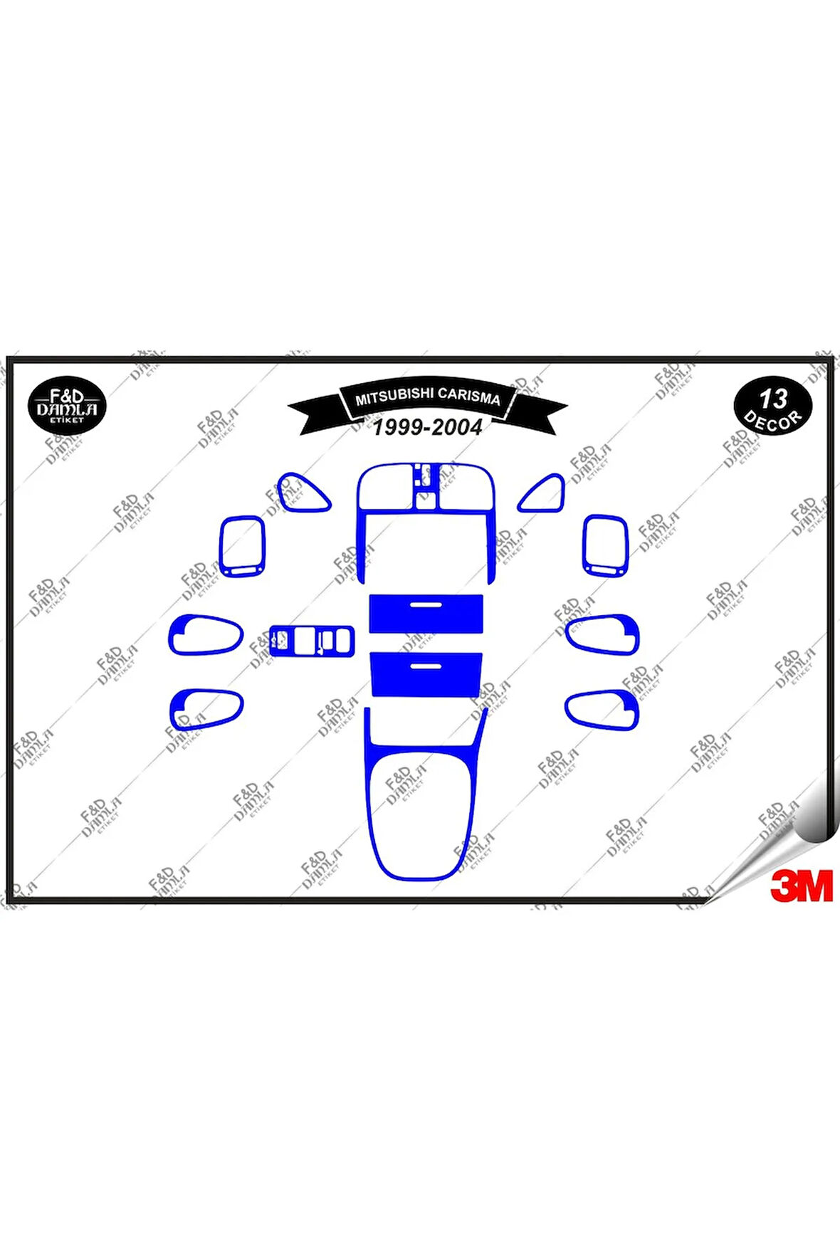 Mitsubishi Carisma 1999-2004 Torpido Konsol Trim Göğüs Maun Kaplama Set 13 Parça Mavi