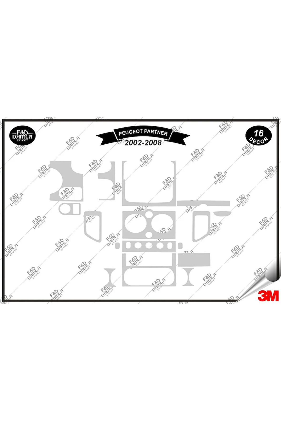 Peugeot Partner 2002 -2008 Torpido Konsol Trim Göğüs Maun Kaplama Set 16 Parça Gümüş