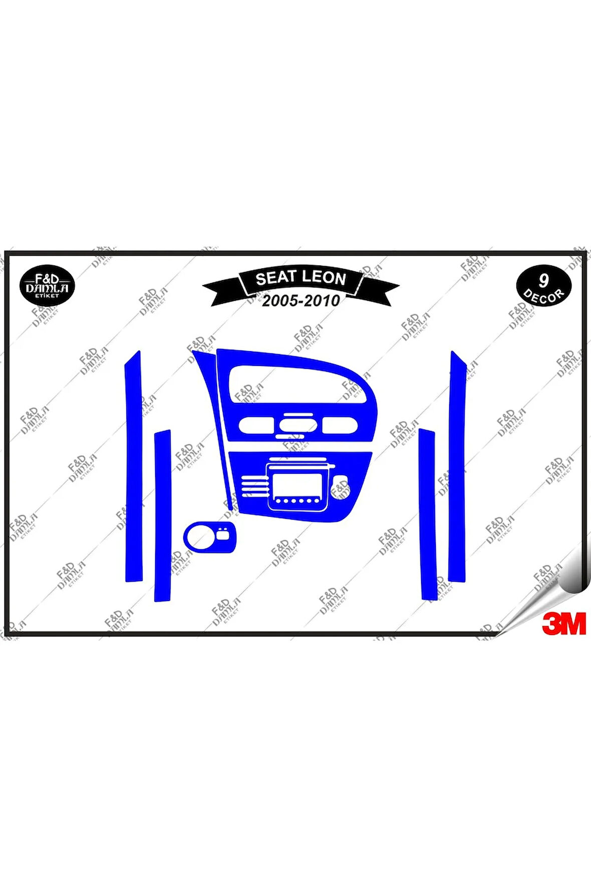 Seat Leon 2005-2010 Torpido Konsol Trim Göğüs Maun Kaplama Set 9 Parça Mavi