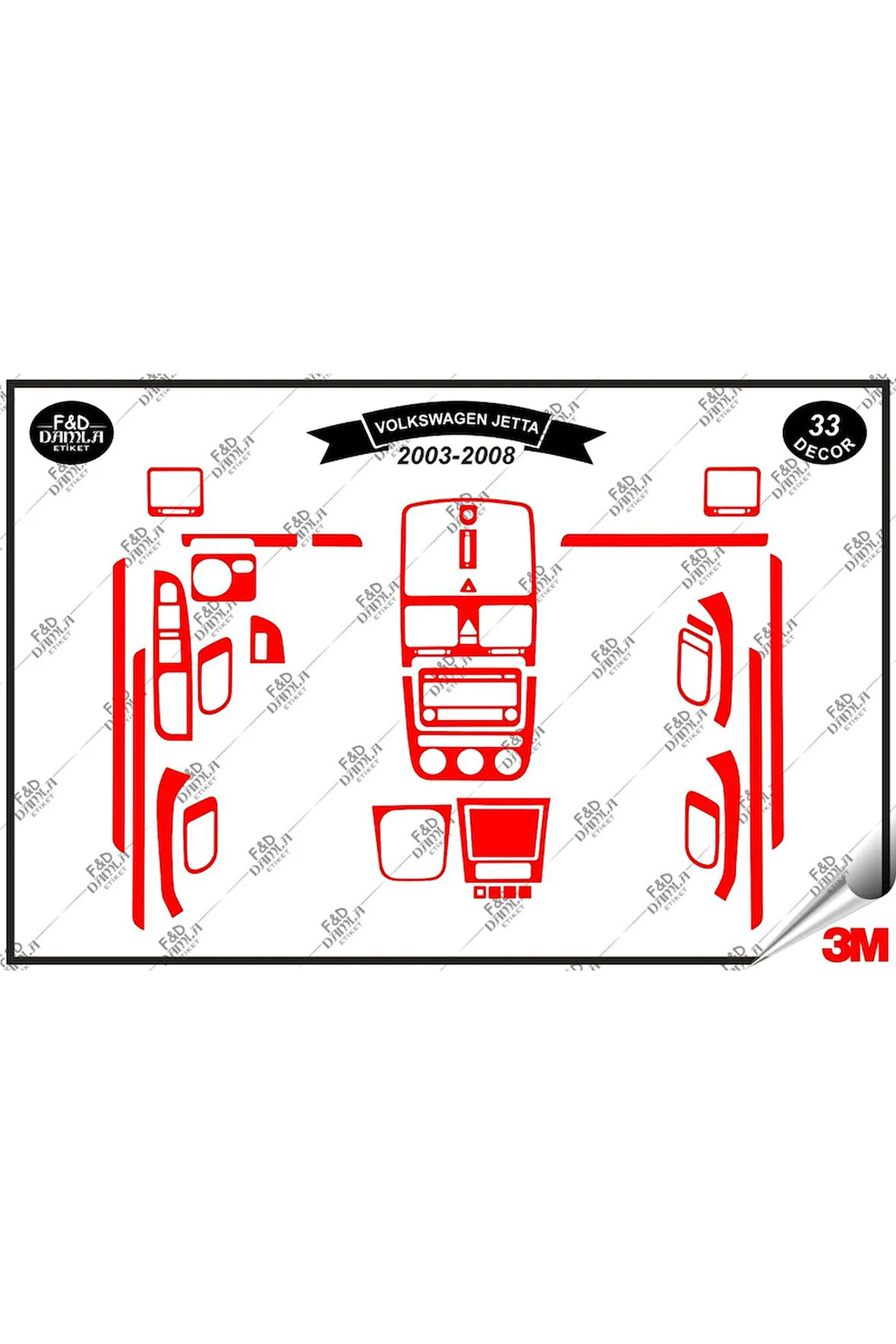 Volkswagen Jetta 2003-2008 Torpido Konsol Trim Göğüs Maun Kaplama Set 33 Parça Kırmızı