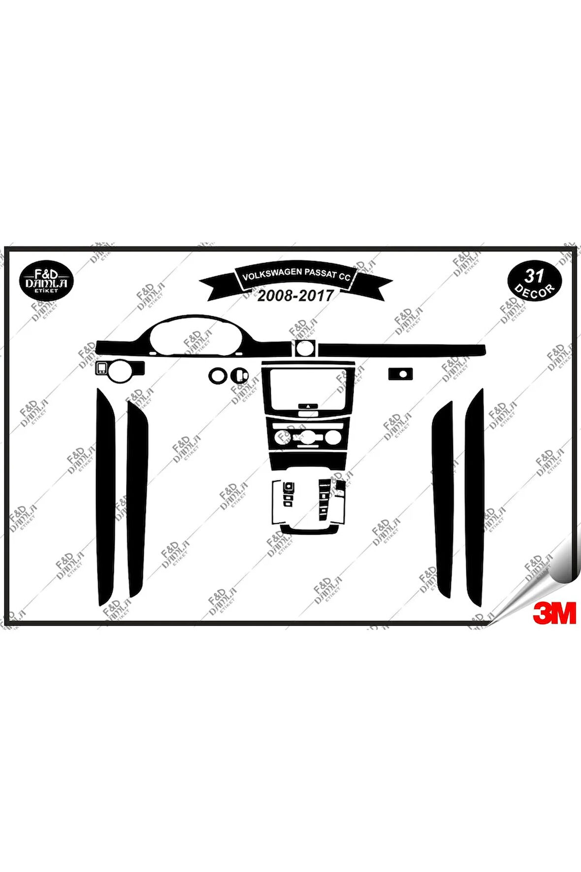 Volkswagen  Passat CC 2008-2017 Torpido Konsol Trim Göğüs Maun Kaplama Set 31 Parça Siyah