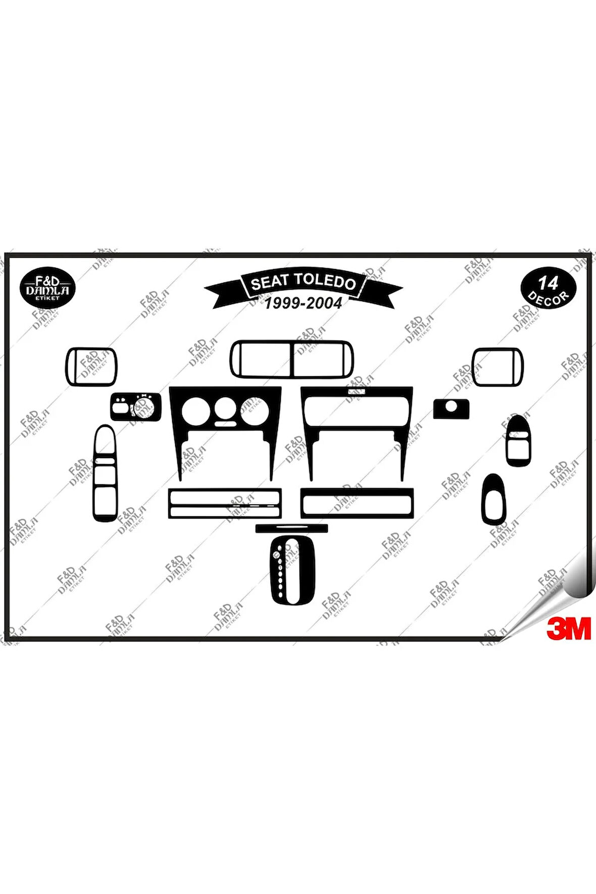 Seat Toledo 1999-2004 Torpido Konsol Trim Göğüs Maun Kaplama Set 14 Parça Siyah
