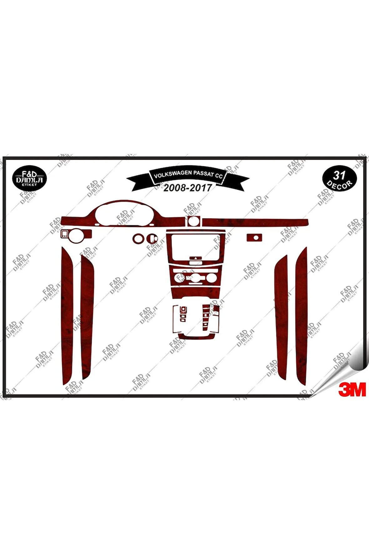 Volkswagen Passat CC 2008-2017 Torpido Konsol Trim Göğüs Maun Kaplama Set 31 Parça Maun