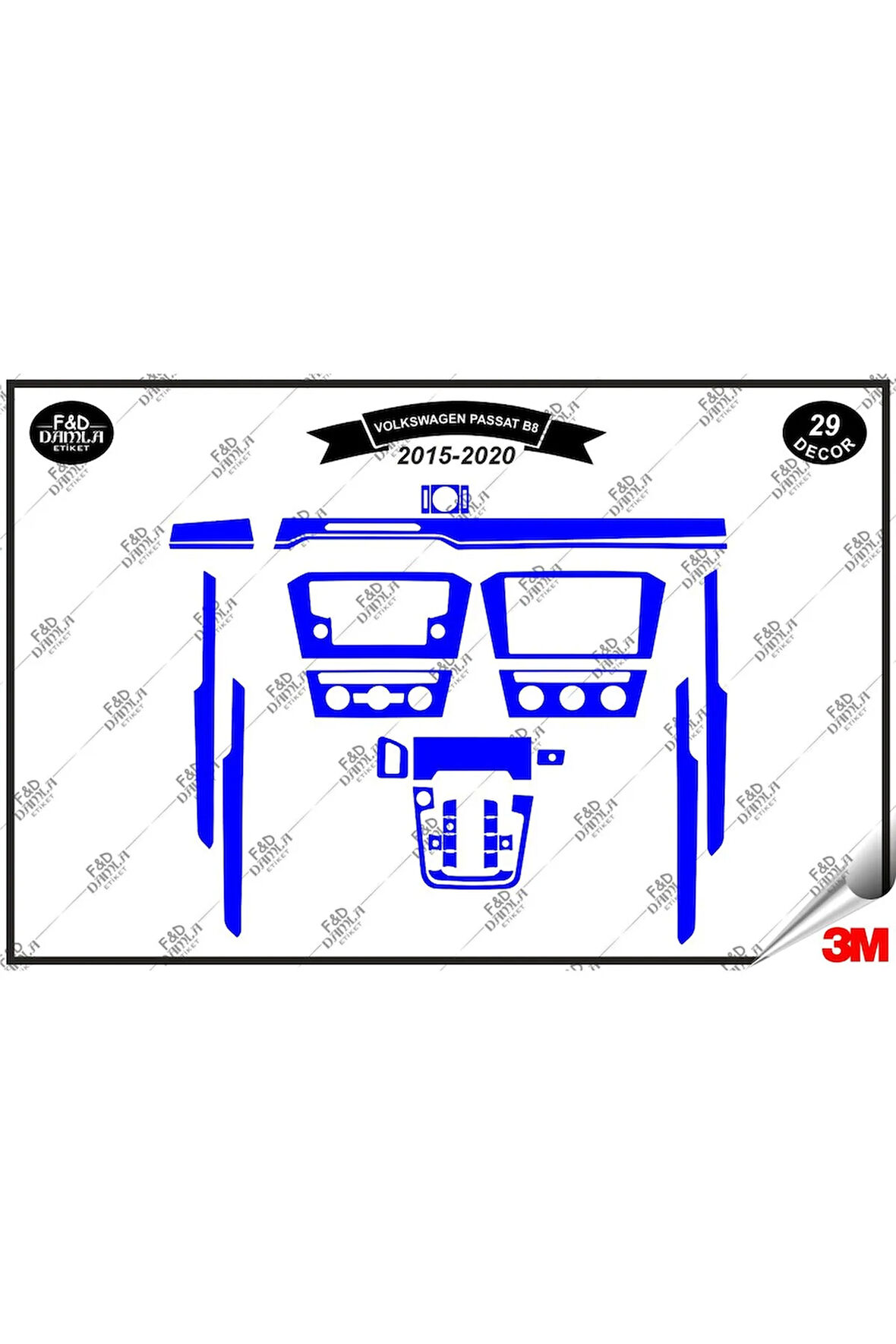 Volkswagen Passat B8 2015-2020 Torpido Konsol Trim Göğüs Maun Kaplama Set 29 Parça Mavi