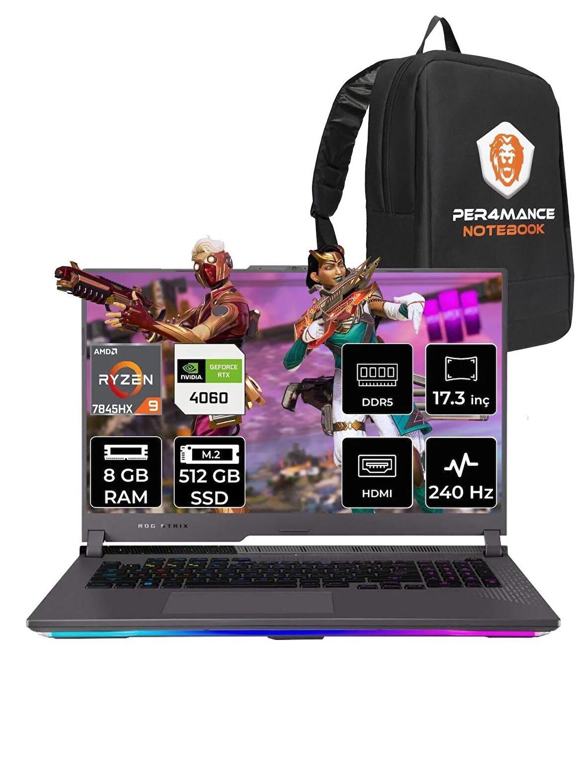 ASUS ROG Strix G17 R9 7845HX 8GB 512GB SSD RTX4060/8GB 240HZ 17.3" WQHD FDOS LL045 & PER4 ÇANTA