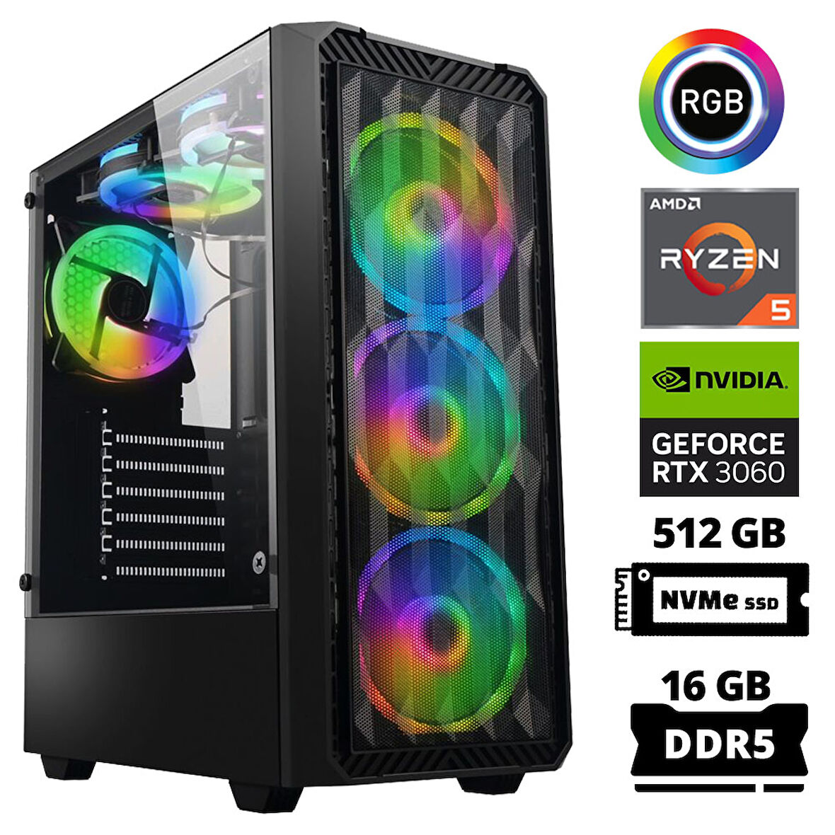 Xaser Delux X59 Ryzen 5 7600 16GB DDR5 Ram 512GB M.2 NVMe SSD 12GB RTX3060 Masaüstü Oyuncu Bilgisayarı