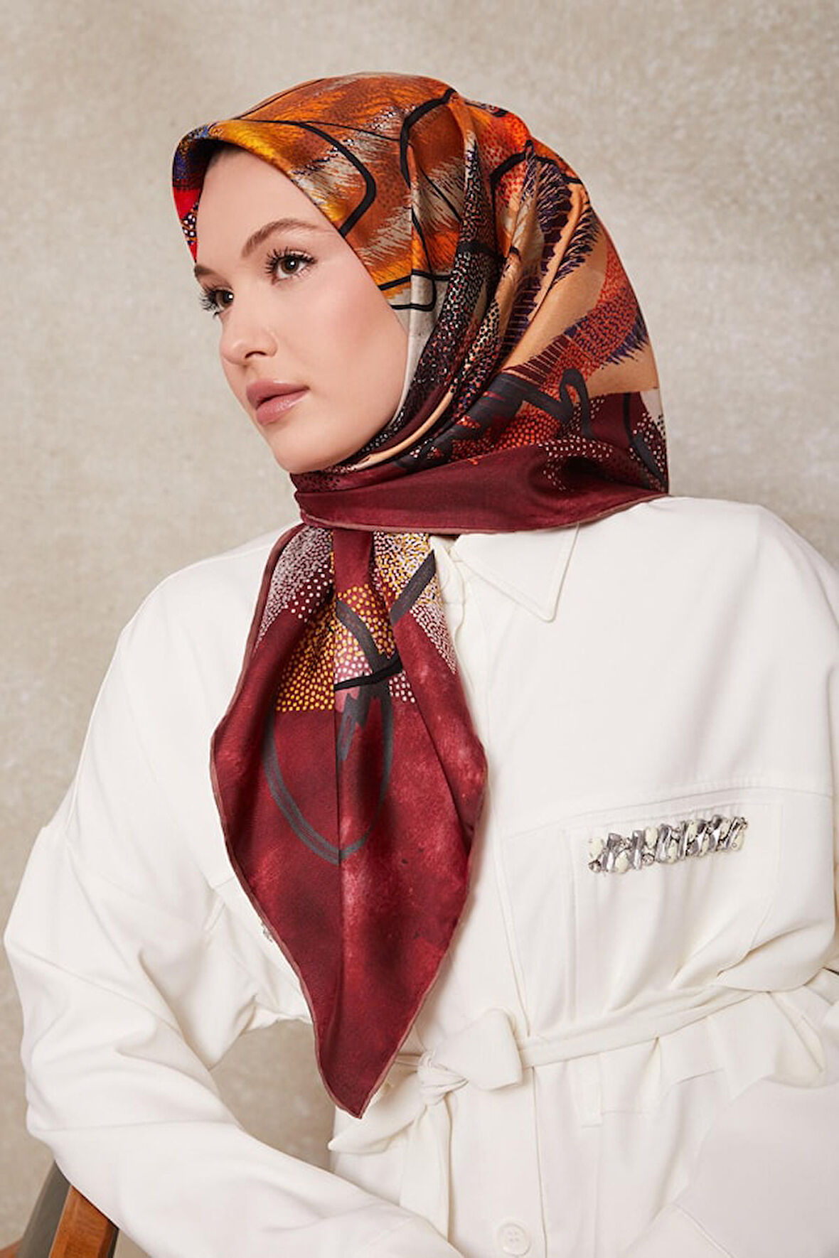 Karmaşık Desen Twill İpek Eşarp-0915