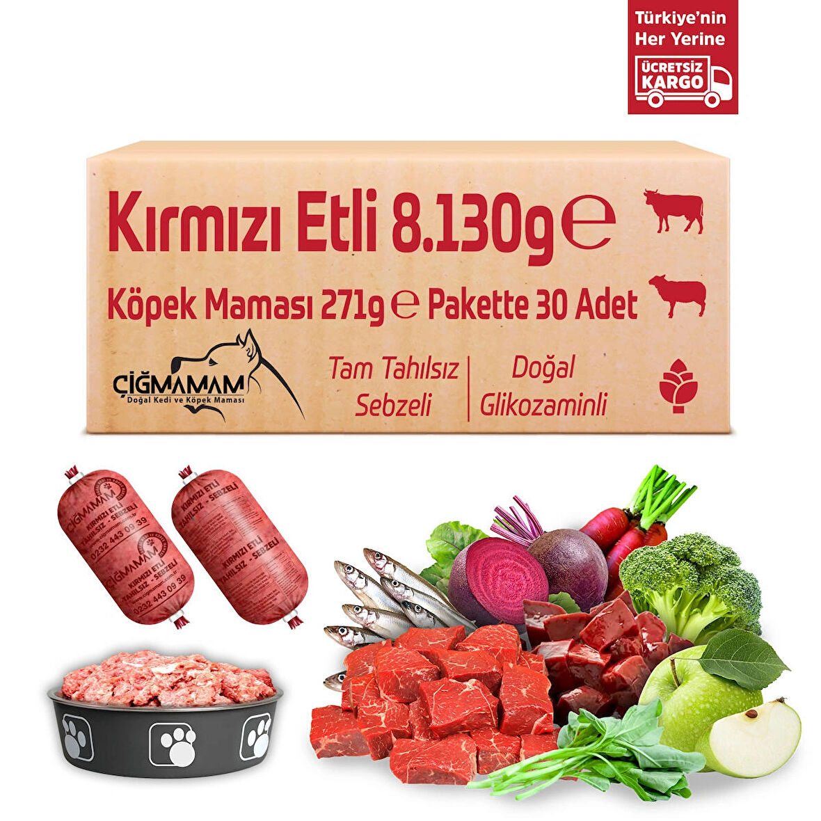 Kırmızı Etli Tahılsız 8.130 Gr. 271 Gr 30 Adet Çiğmamam Barf Köpek Maması