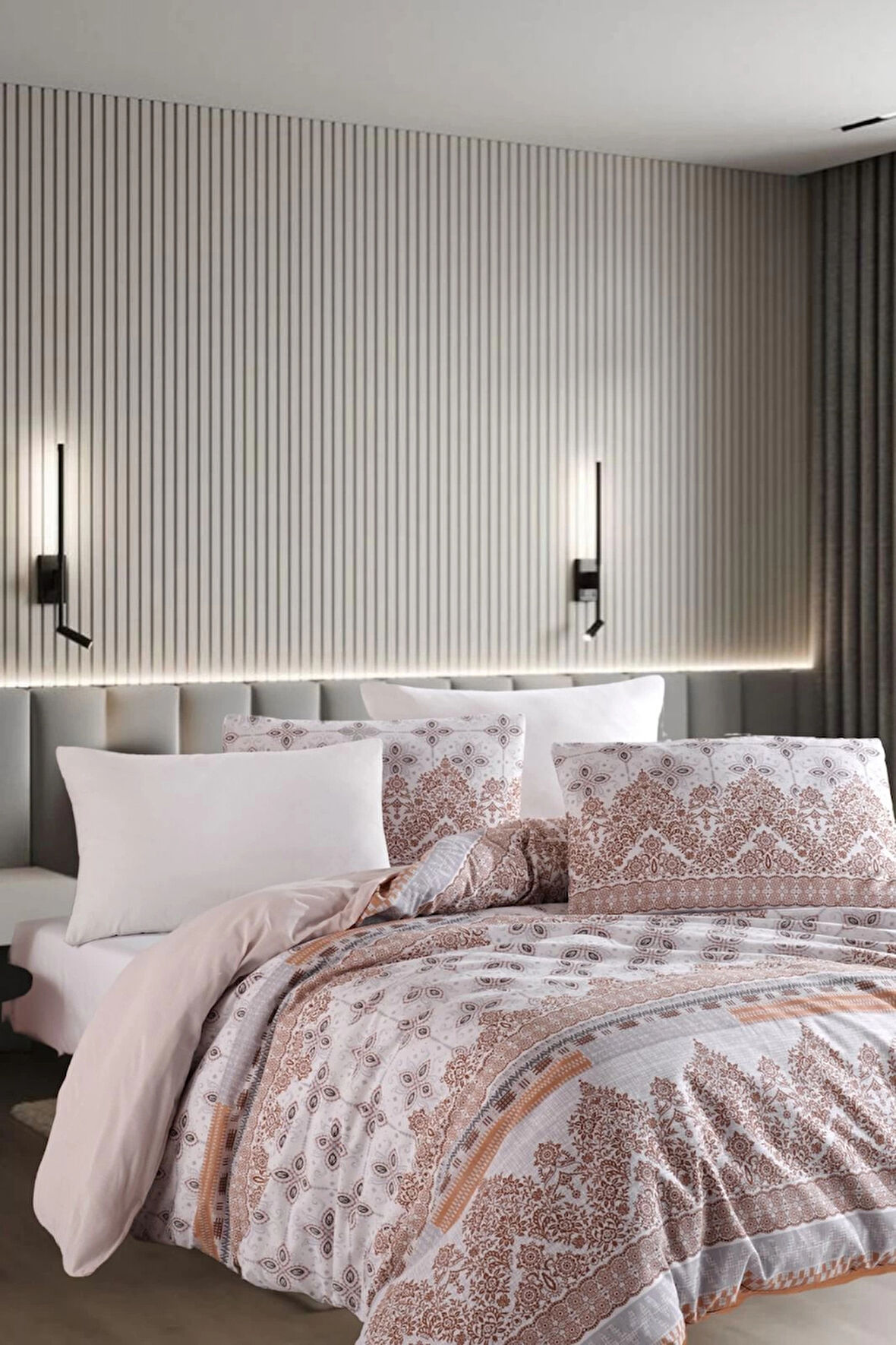 Lodos Home Conzaliza %100 Pamuklu Çift Kişilik Nevresim Takımı-Beyaz/Gül Kurusu