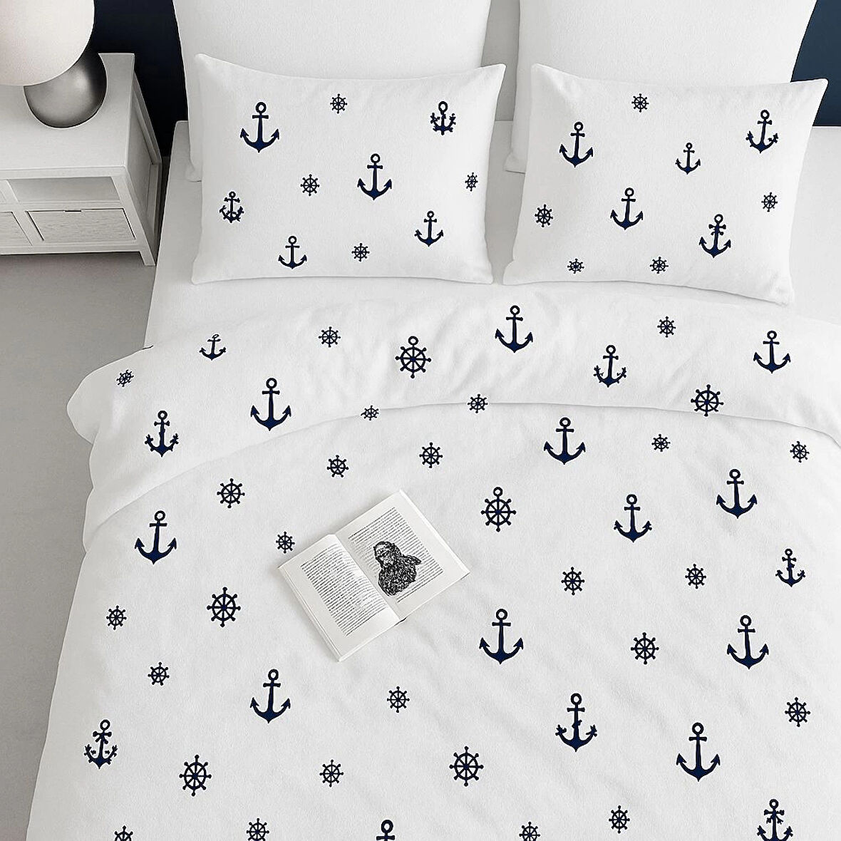 Lodos Home Conzaliza %100 Pamuklu Denizci Desen Çift Kişilik Nevresim Takımı-Beyaz/Siyah