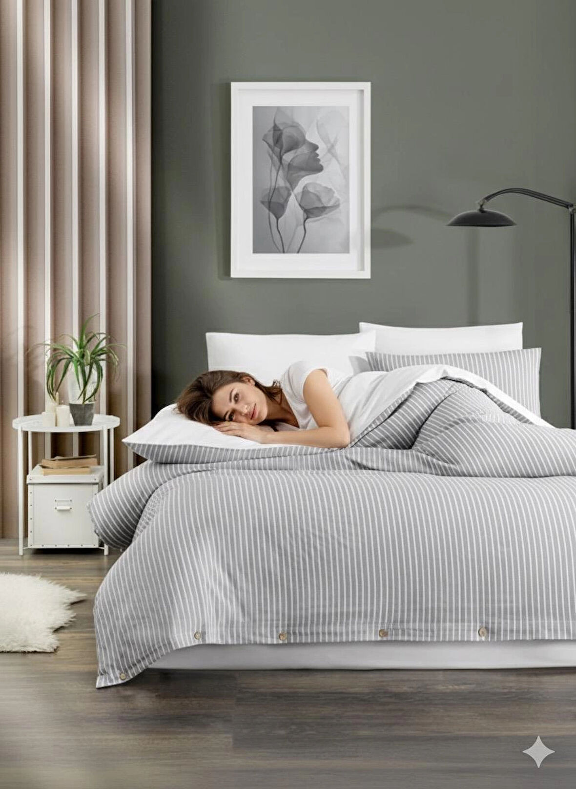 Çift Kişilik %100 Pamuk Ranforce Düğmeli Nevresim Takımı – Lastiksiz Çarşaflı 200x220 cm Açık Gri