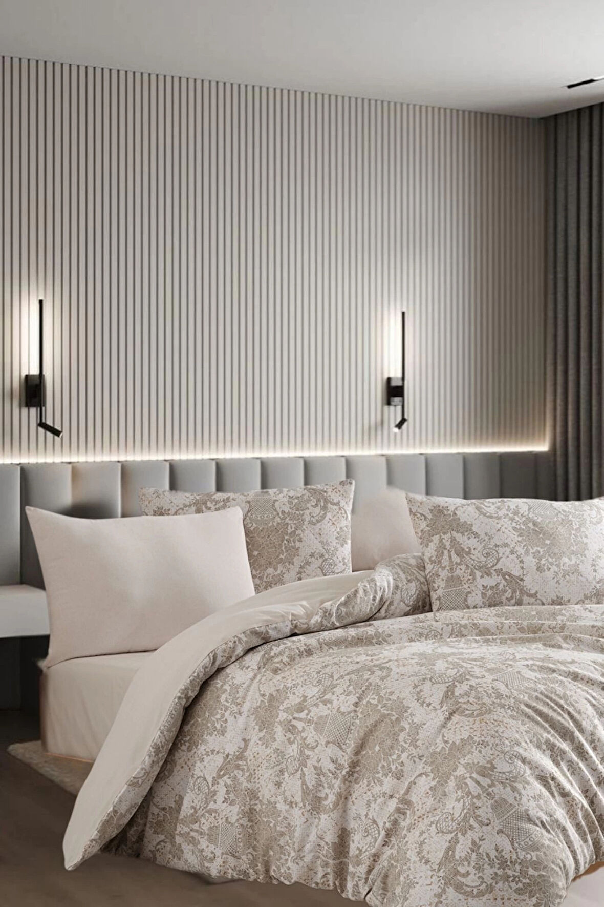 Lodos Home Conzaliza %100 Pamuklu Vazo Desenli Çift Kişilik Nevresim Takımı-Beyaz/Bej