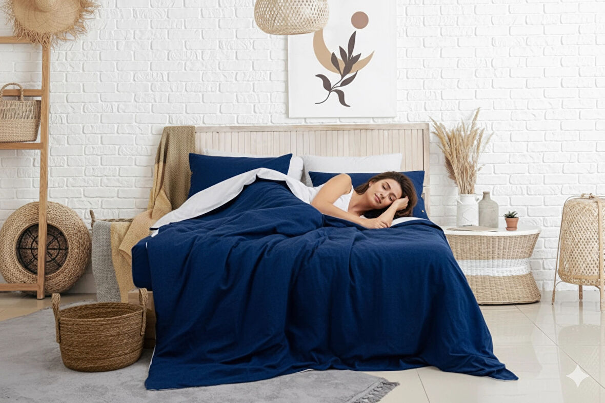 Tek Kişilik %100 Pamuk Ranforce Nevresim Takımı – 160x220 cm Lacivert Lastiksiz Çarşaflı