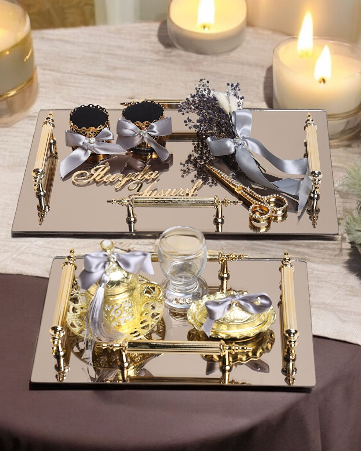 Gold Ayna 4 Kulplu Dikdörtgen Söz Nişan Tepsisi ve Damat Kahve Fincan Tepsisi