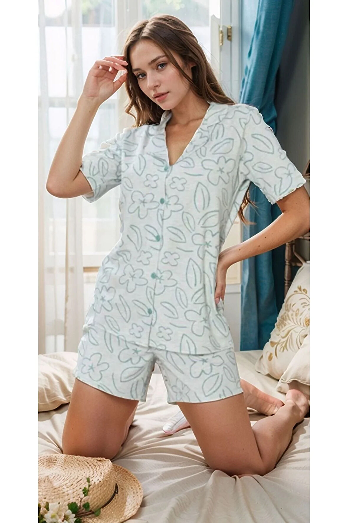 Kadın Ev Giyim Yeşil Desenli Kısa Kollu Üst & Şort İkili Pijama Takımı LA.L01.I1.SS001