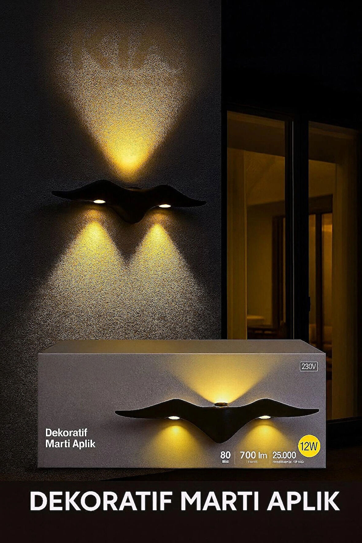 Dekoratif Martı Led Aplik - Duvar Tipi LED Aplik- 12 W 3000K Iç ve Dış Mekan Siyah Kasa 220 V ENERJİ