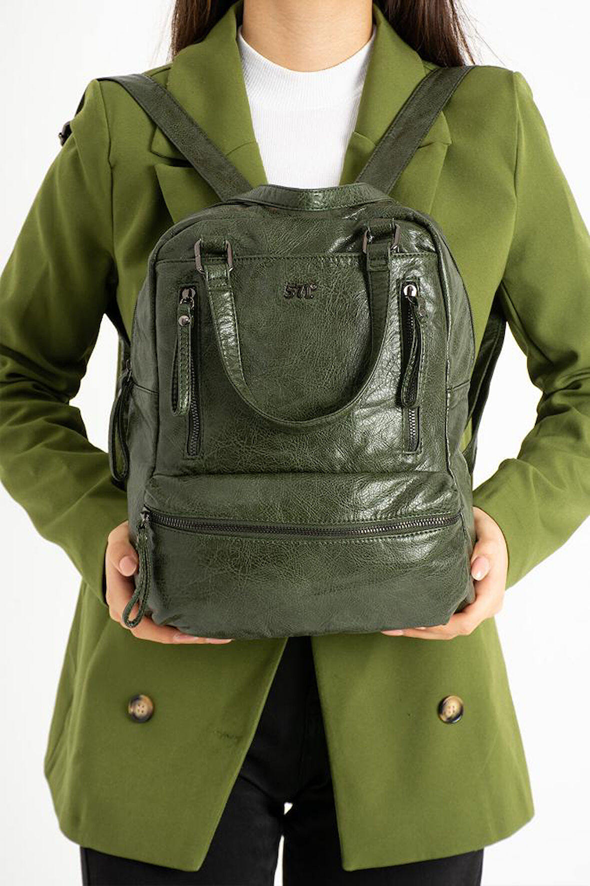 Y.S.Deri Retro Kadın Sırt Çantası Çok Cepli Fonksiyonel Kullanım Vegan Suni Deri 30*25 Cm