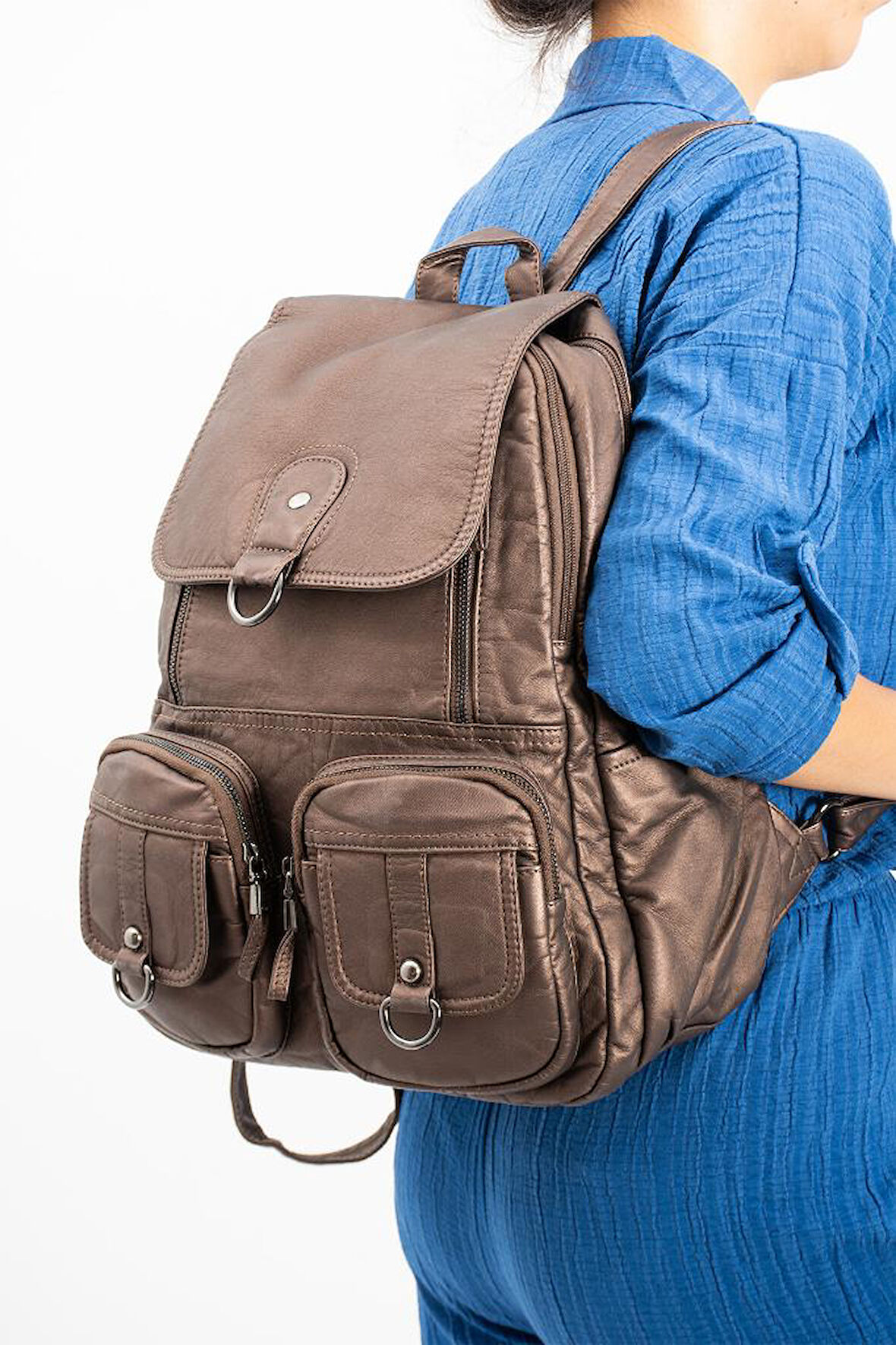 Y.S.Deri Kadın Sırt Çantası Çok Cepli Günlük Kullanıma Uygun 35*25 Cm Vegan Deri Yıkama Suni Deri