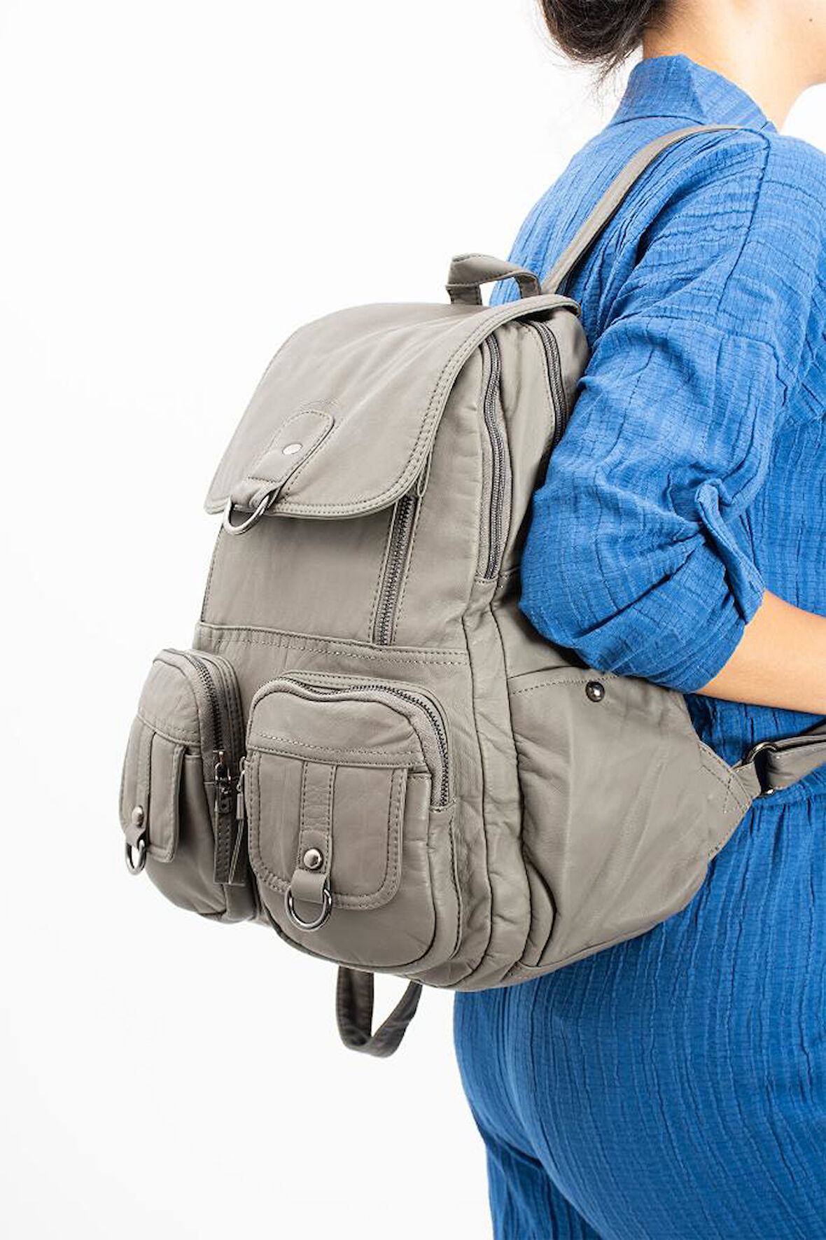 Y.S.Deri Kadın Sırt Çantası Çok Cepli Günlük Kullanıma Uygun 35*25 Cm Vegan Deri Yıkama Suni Deri