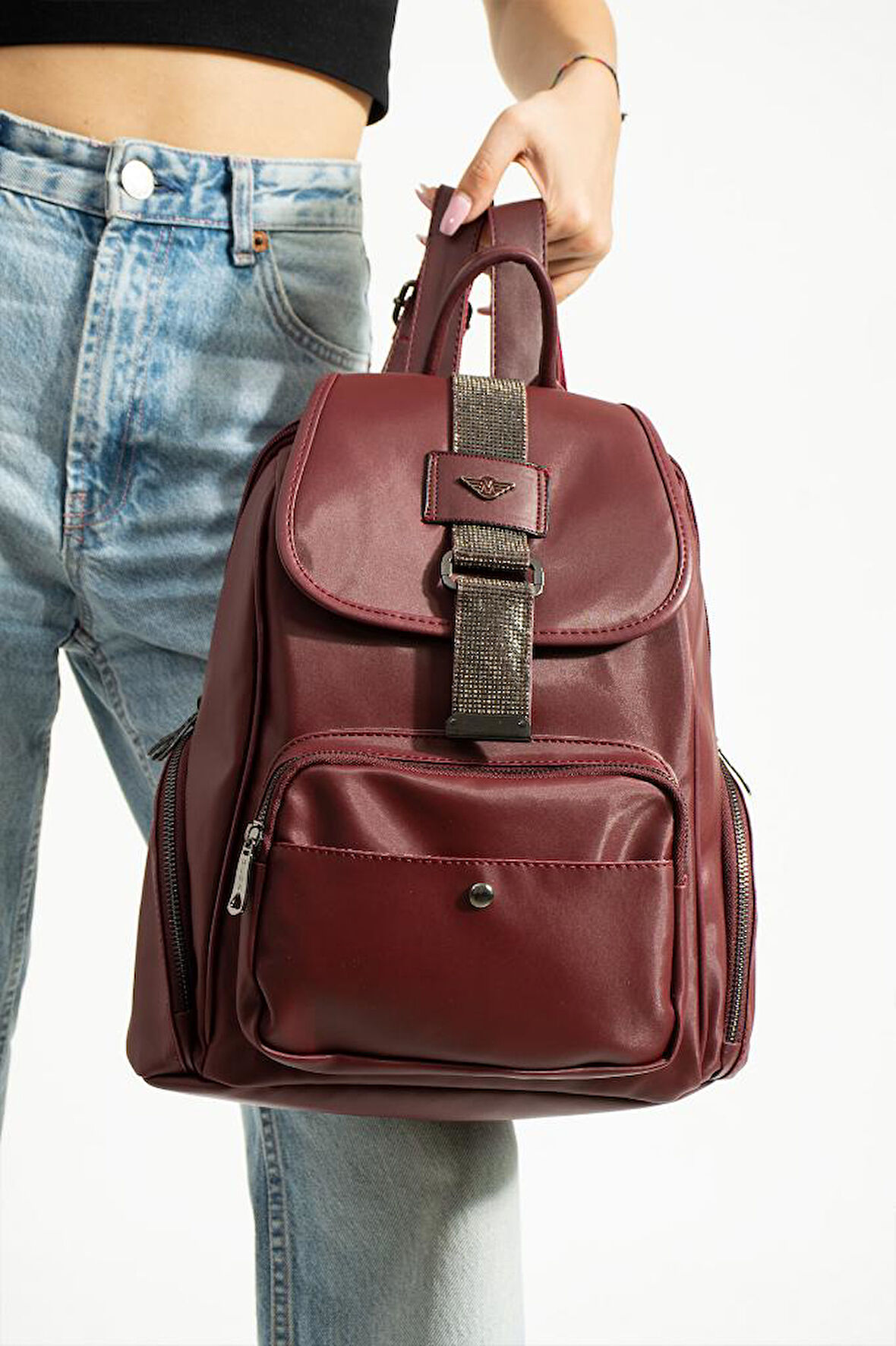 Saten Kumaş Kadın Sırt Çantası 33*23 Cm Yağmur İtici Kumaş Mega Bag Kapaklı Taşlı Model