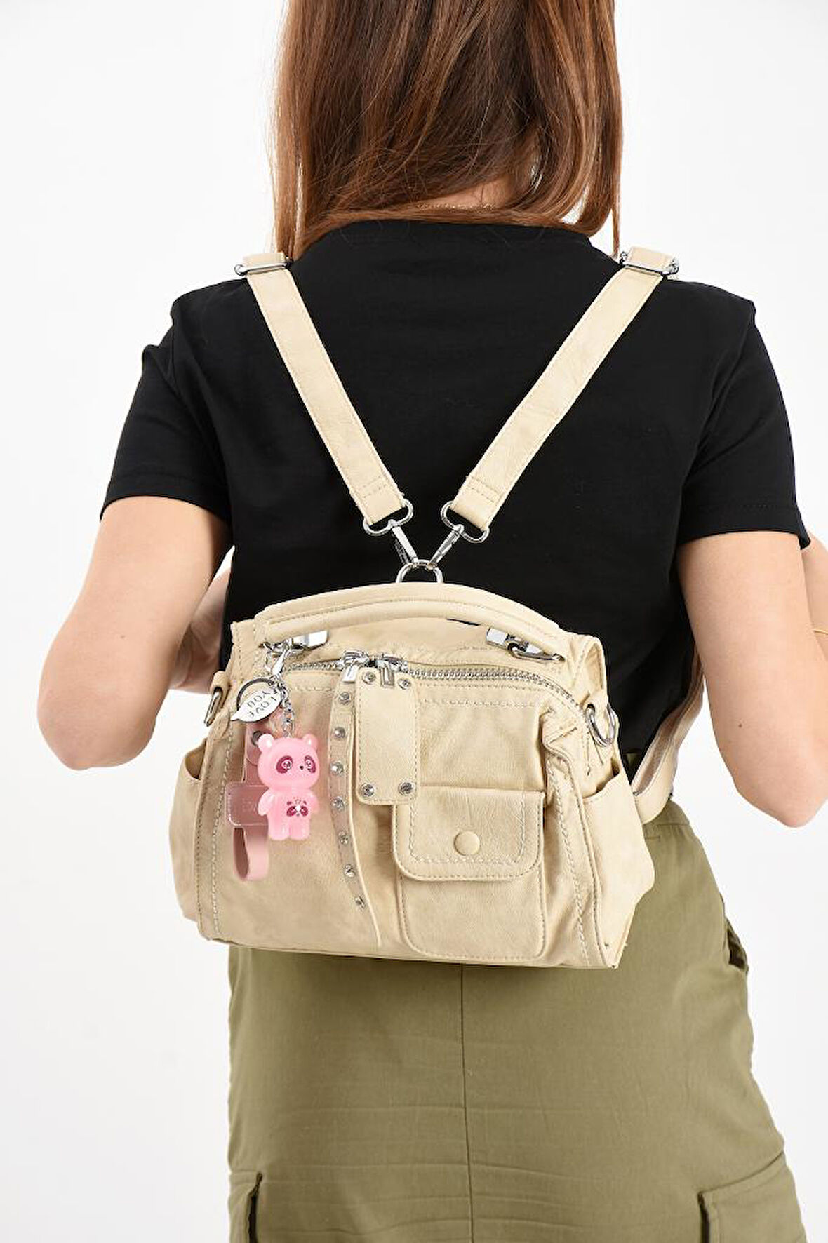 Y.S.Deri Kadın Postacı Çanta 30*22 Cm Vegan Deri İster Sırt İster Omuz Işıklı Aksesuar Çapraz Çanta