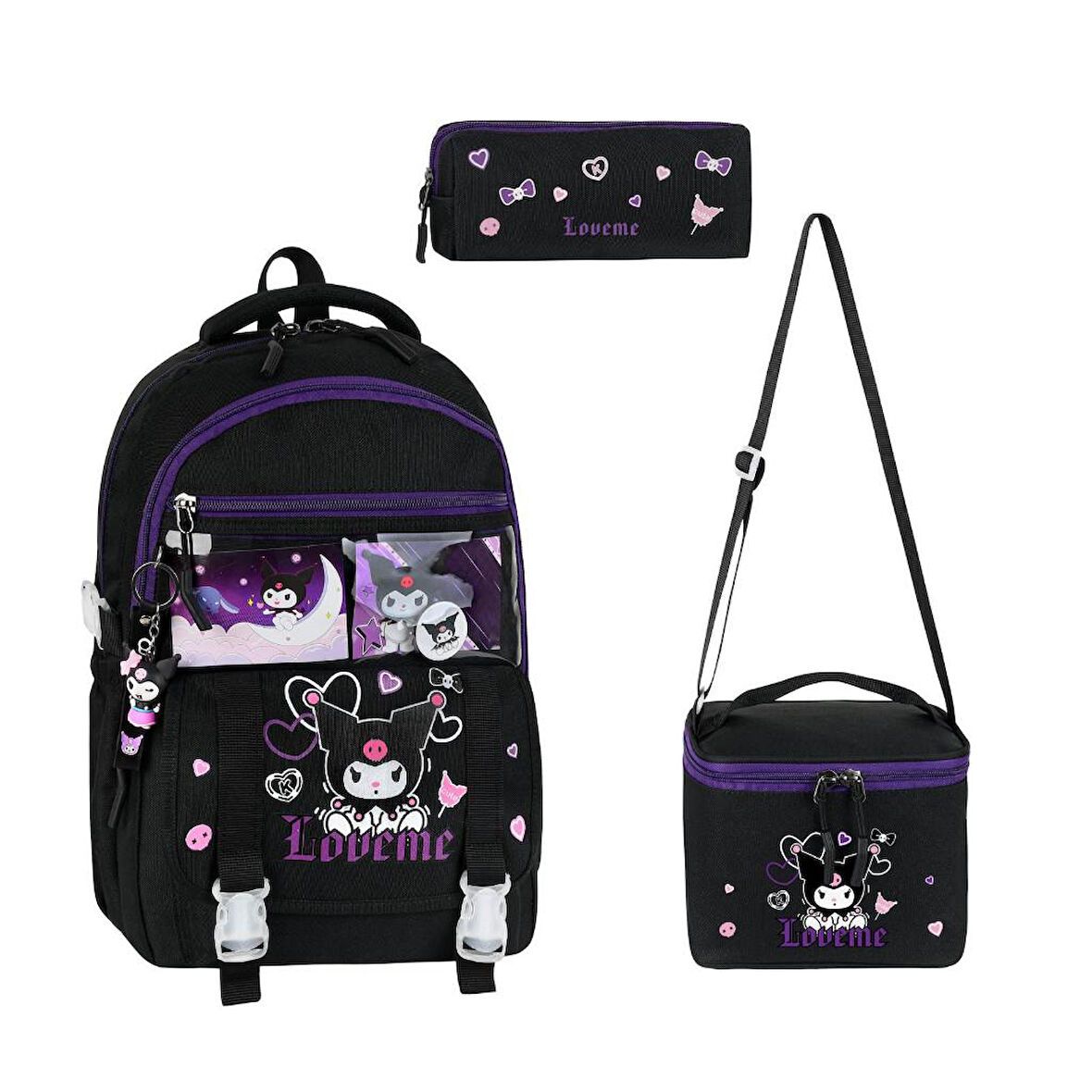 İlkokul Kız Çocuk Çantası 3'lü Set Kuromi Benzeri 42*30 Cm Beslenme Çantası Kalem Kutusu Ortopedik