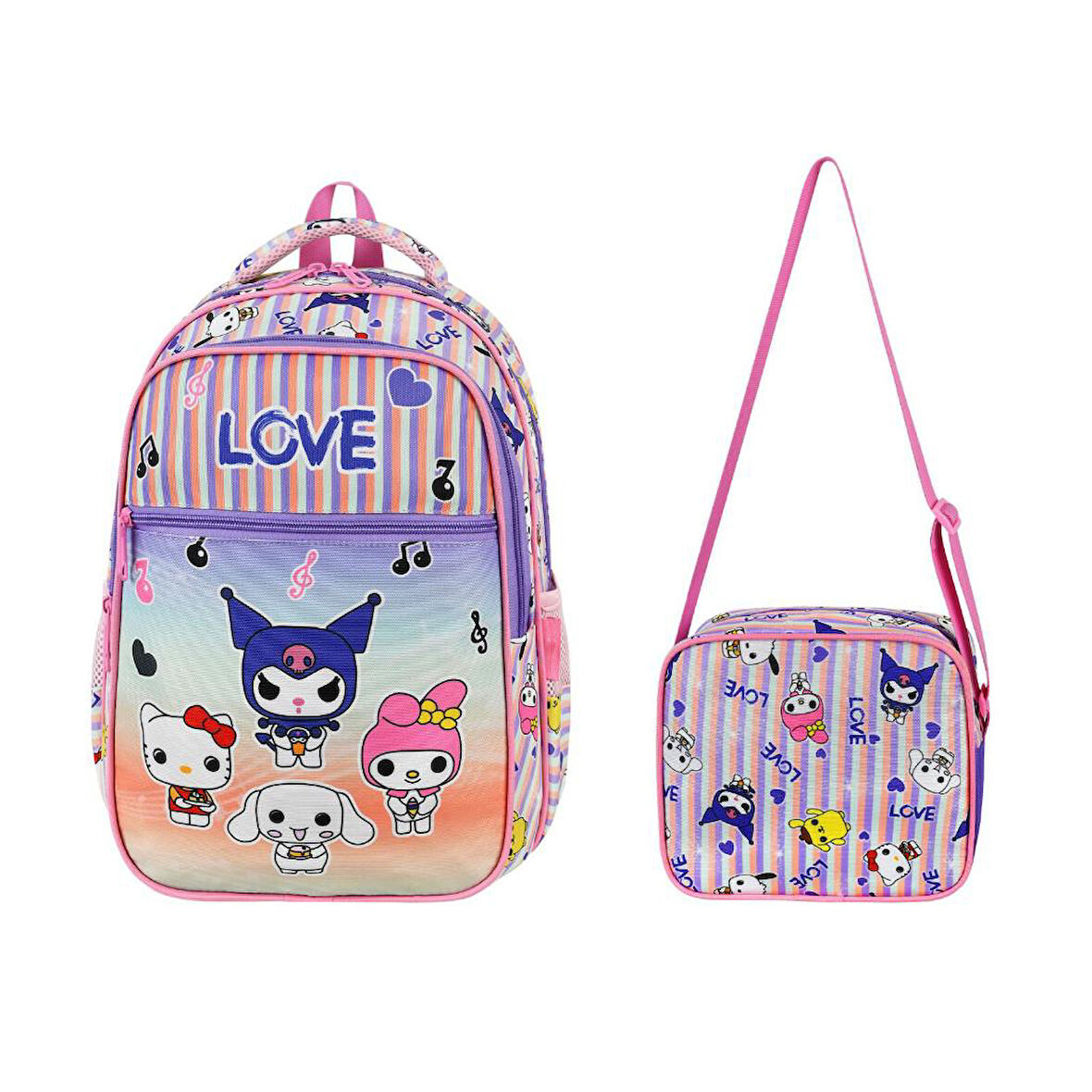 İlkokul Çantası Kuromi 2'li Set 40*30 Cm Beslenme Çantası Ortopedik Sırt Çantası Kız Çocuk