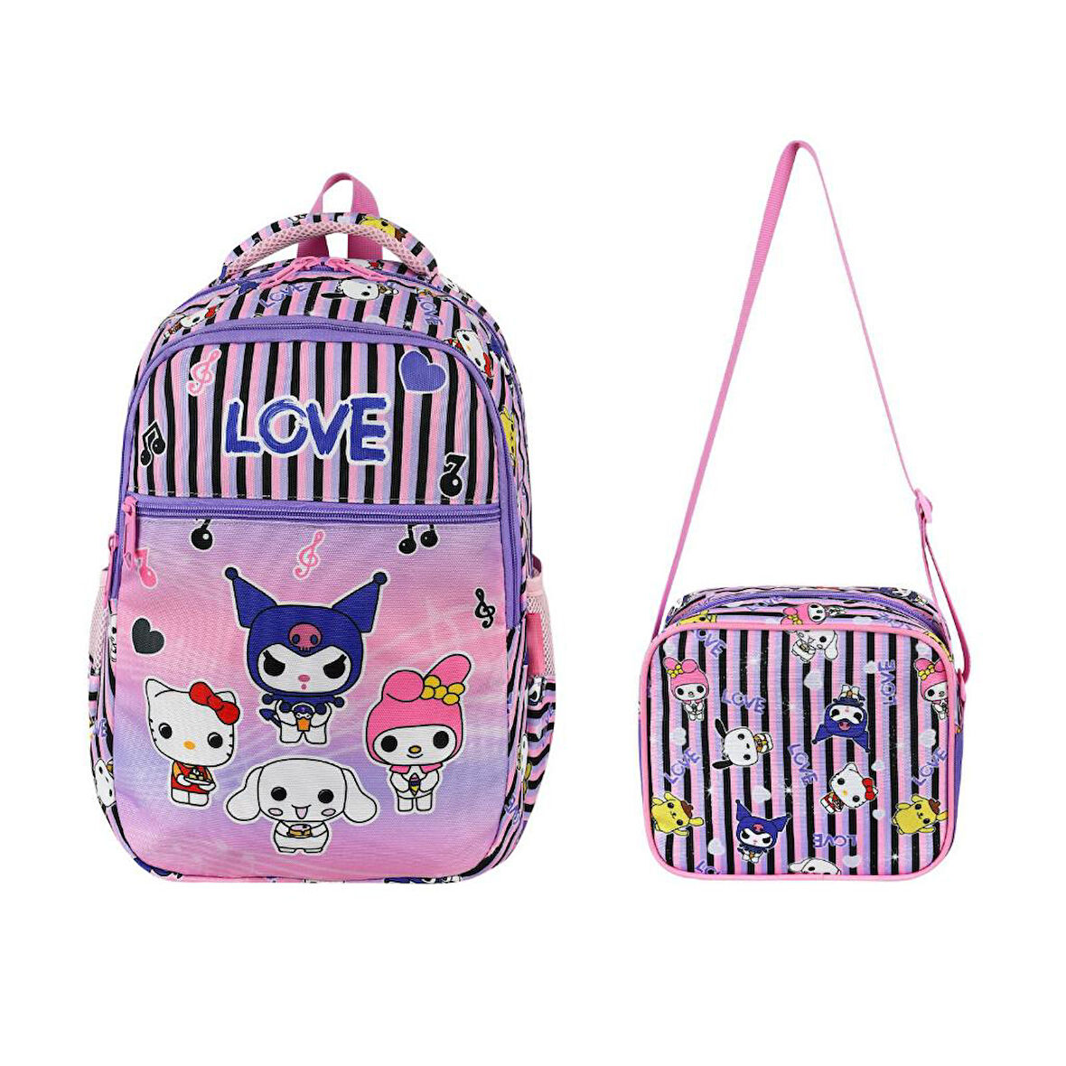 İlkokul Çantası Kuromi 2'li Set 40*30 Cm Beslenme Çantası Ortopedik Sırt Çantası Kız Çocuk