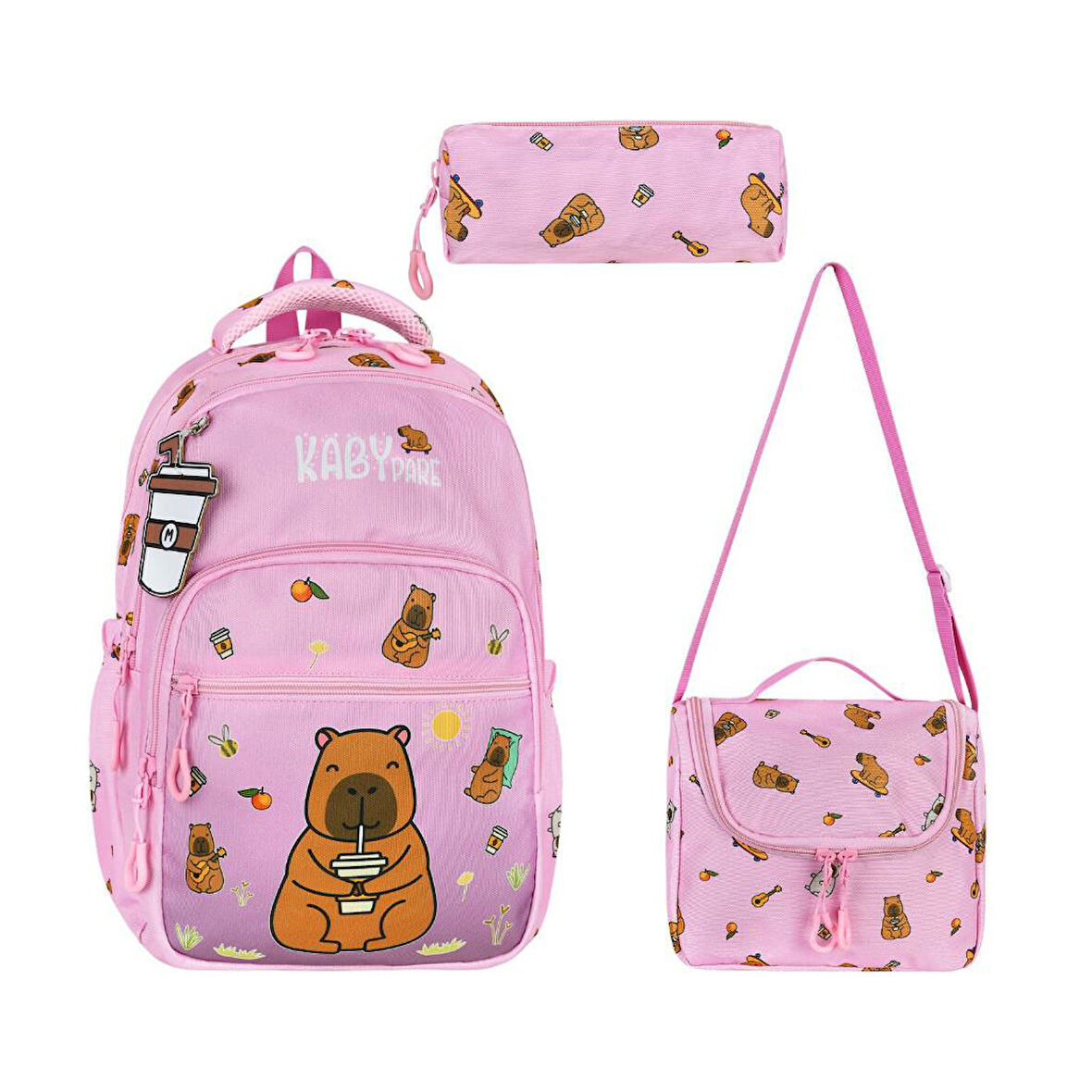 Unisex İlkokul Çantası Caby Para 3'lü Set 40*30 Cm Beslenme Çantası Kalem Kutusu Ortopedik KabyPare