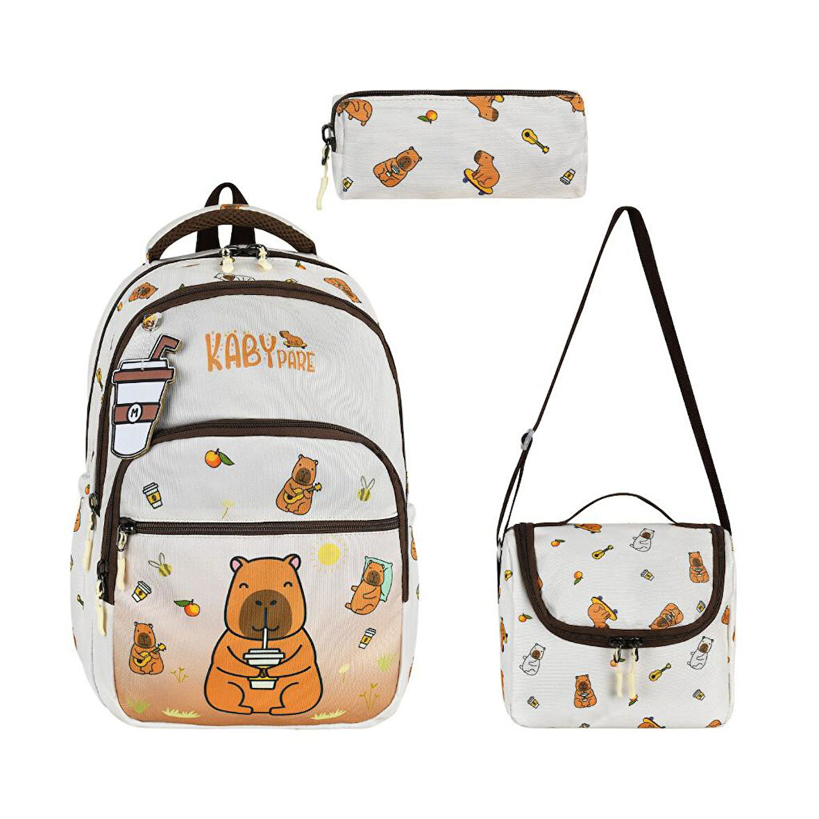 Unisex İlkokul Çantası Caby Para 3'lü Set 40*30 Cm Beslenme Çantası Kalem Kutusu Ortopedik KabyPare