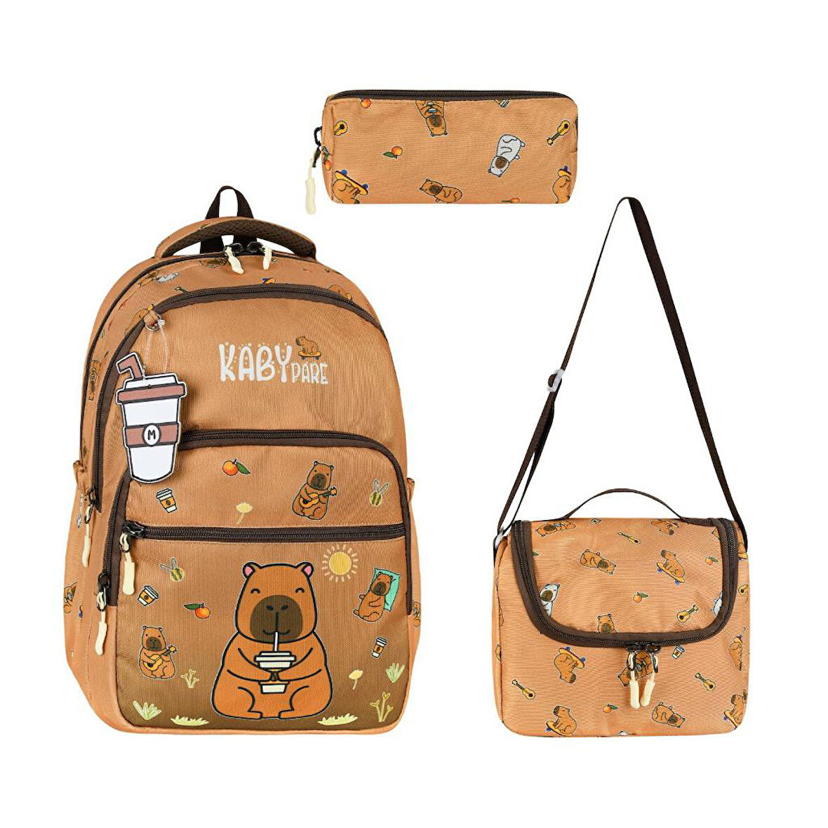 Unisex İlkokul Çantası Caby Para 3'lü Set 40*30 Cm Beslenme Çantası Kalem Kutusu Ortopedik KabyPare