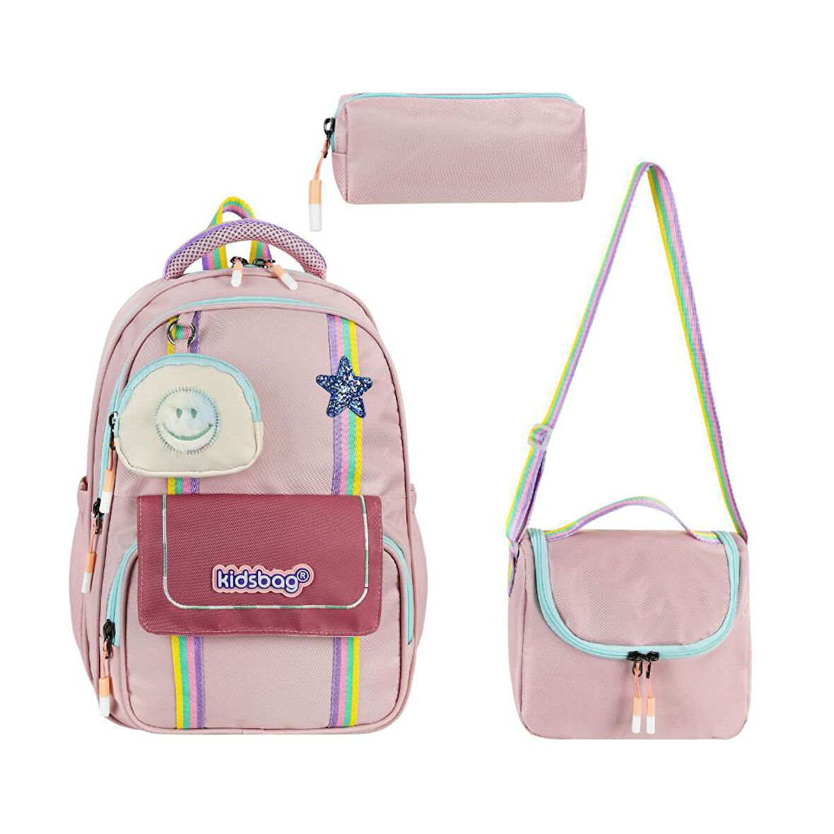 İlkokul Çantası 3'lü Set Pembe Renk 42*30 Cm Beslenme Çantası Kalem Kutusu Ortopedik Su İtici Kumaş