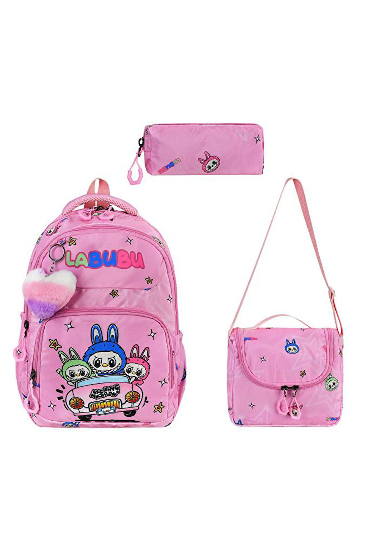 Labubu İlkokul Çantası 3'lü Set 42*30 Cm Beslenme Çantası Kalem Kutusu Ortopedik Su İtici Kumaş