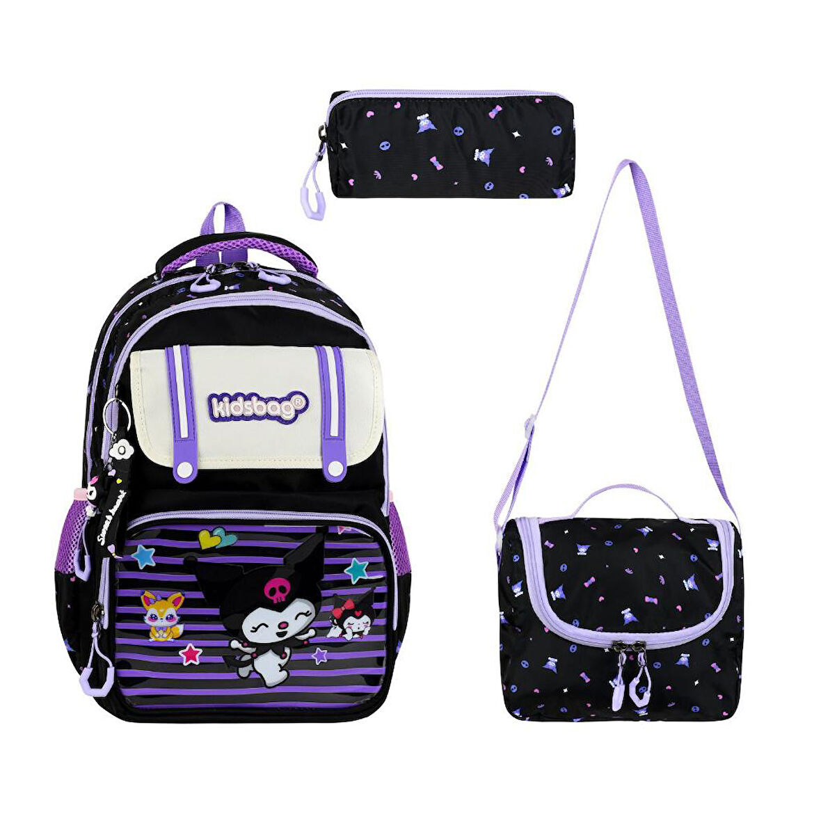 İlkokul Kız Çocuk Çantası 3'lü Set Kuromi Benzeri 40*30 Cm Beslenme Çantası Kalem Kutusu Ortopedik