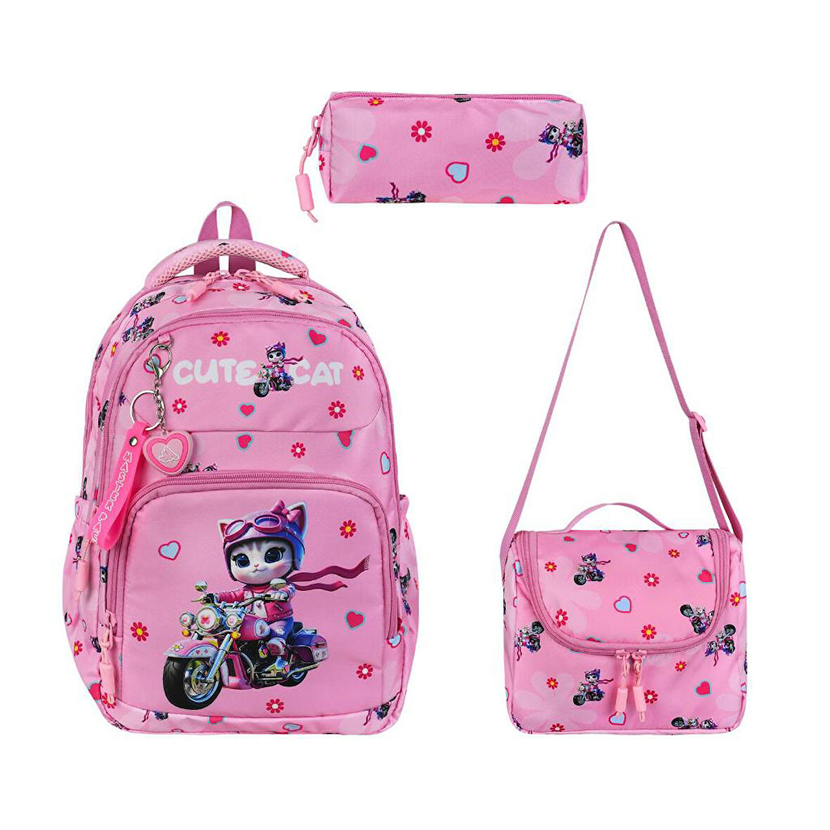 İlkokul Kız Çocuk Çantası 3'lü Set Sevimli Kedi 40*30 Cm Beslenme Çantası Kalem Kutusu Cute Cat