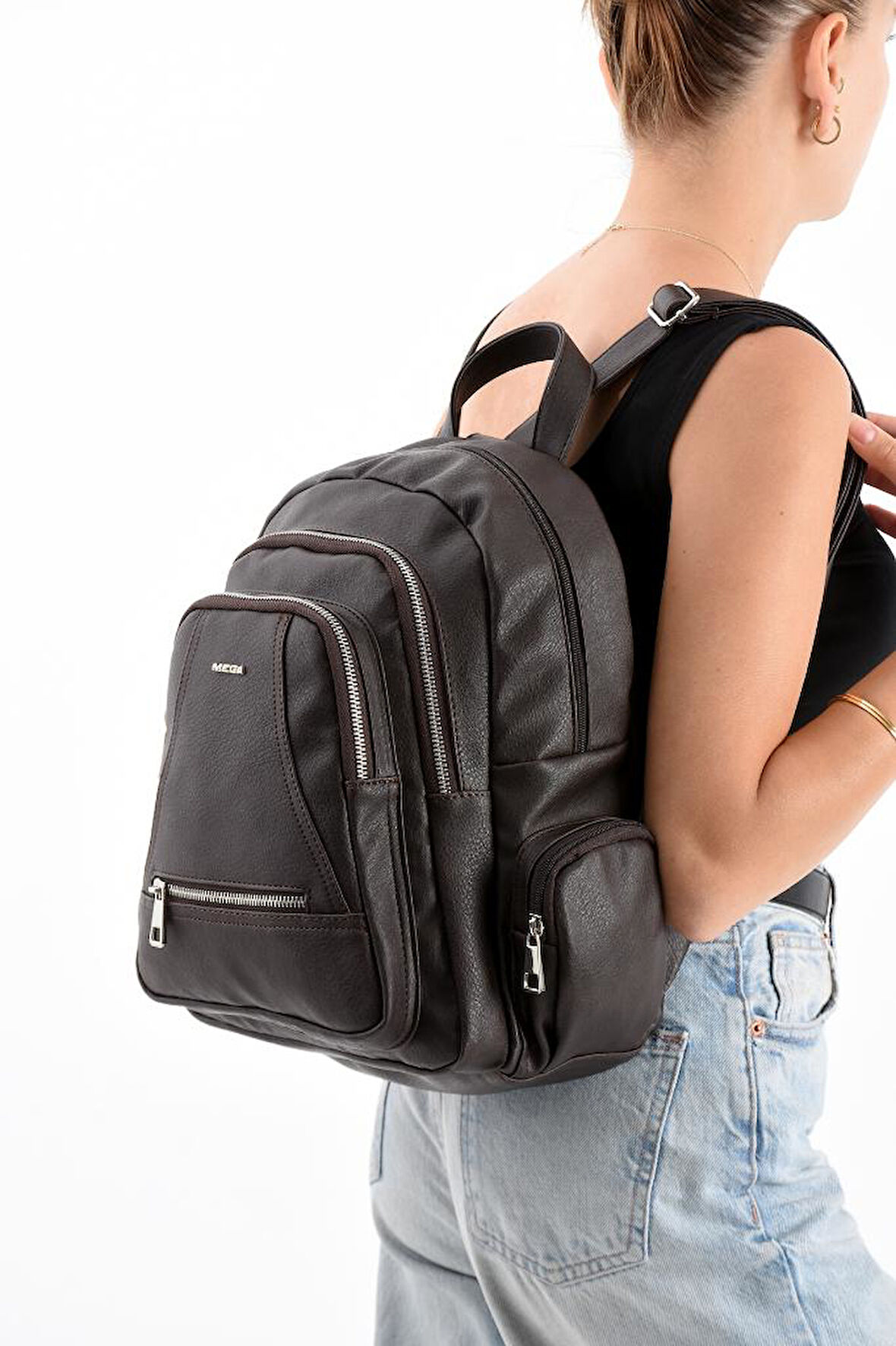 Suni Deri Kadın Sırt Çantası 35*25 Cm Mega Bag Günlük Kullanıma Uygun Çok Cepli İçi Astarlı