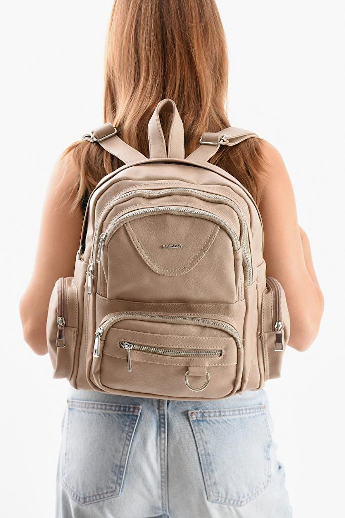 Suni Deri Kadın Sırt Çantası 38*28 Cm Mega Bag Günlük Kullanıma Uygun Çok Cepli İçi Astarlı