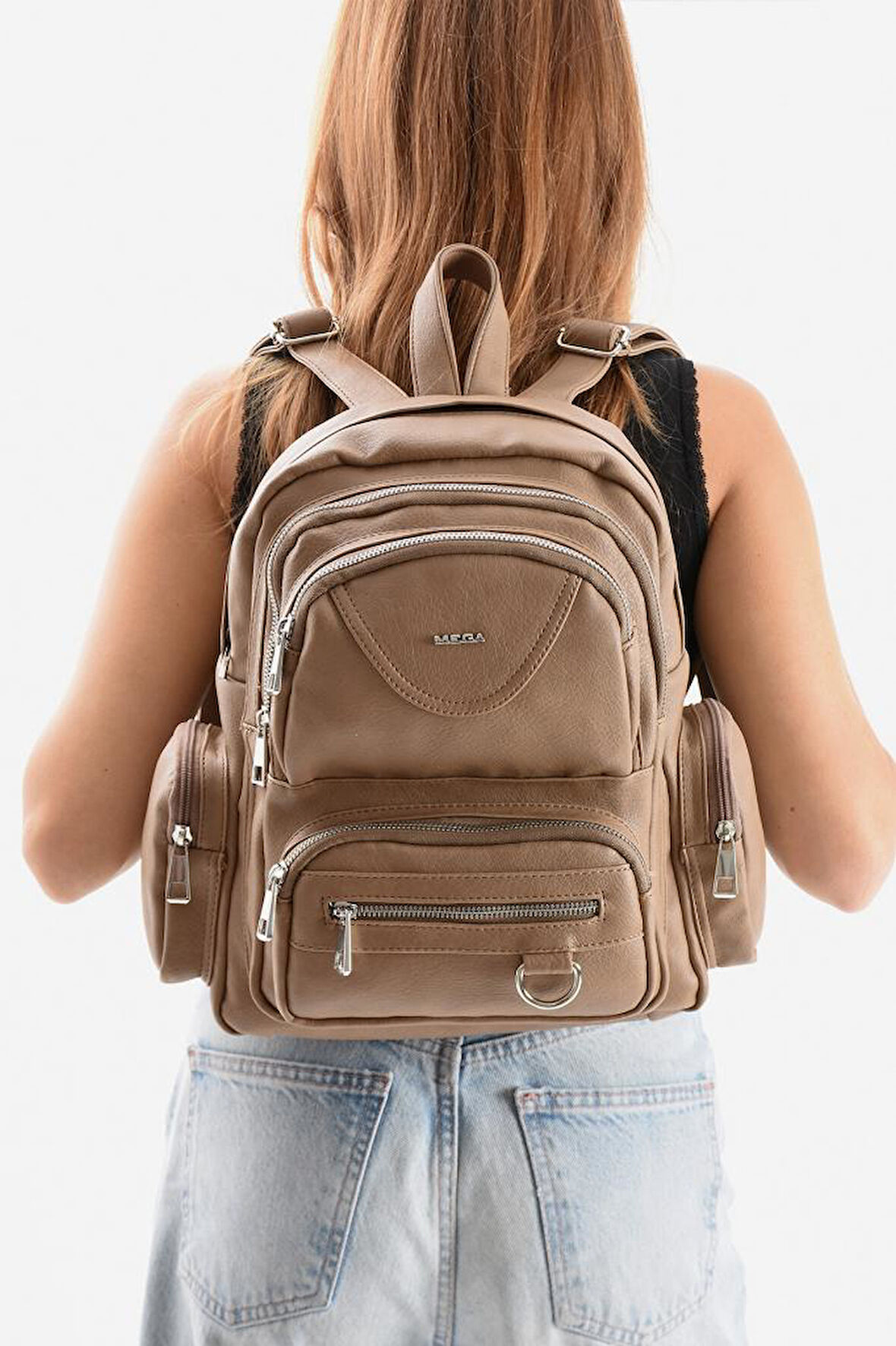 Suni Deri Kadın Sırt Çantası 38*28 Cm Mega Bag Günlük Kullanıma Uygun Çok Cepli İçi Astarlı