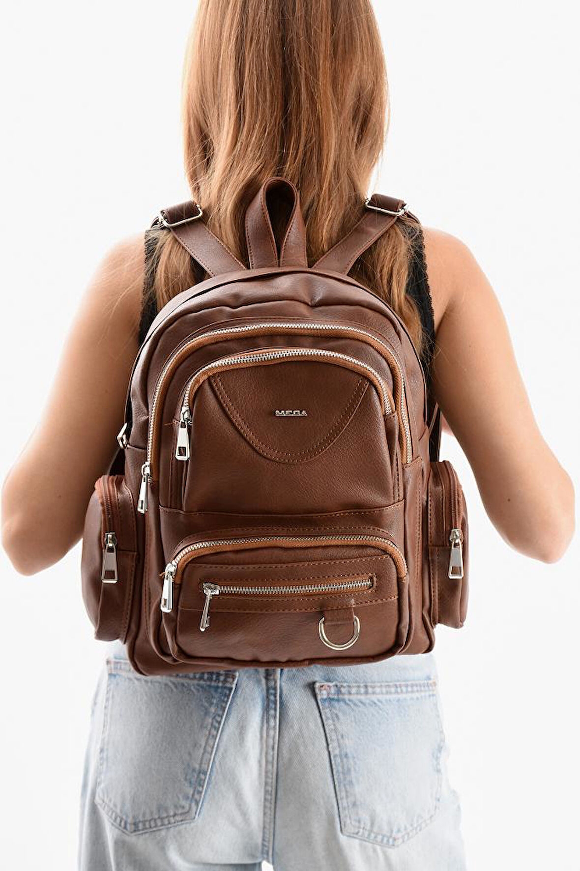 Suni Deri Kadın Sırt Çantası 38*28 Cm Mega Bag Günlük Kullanıma Uygun Çok Cepli İçi Astarlı