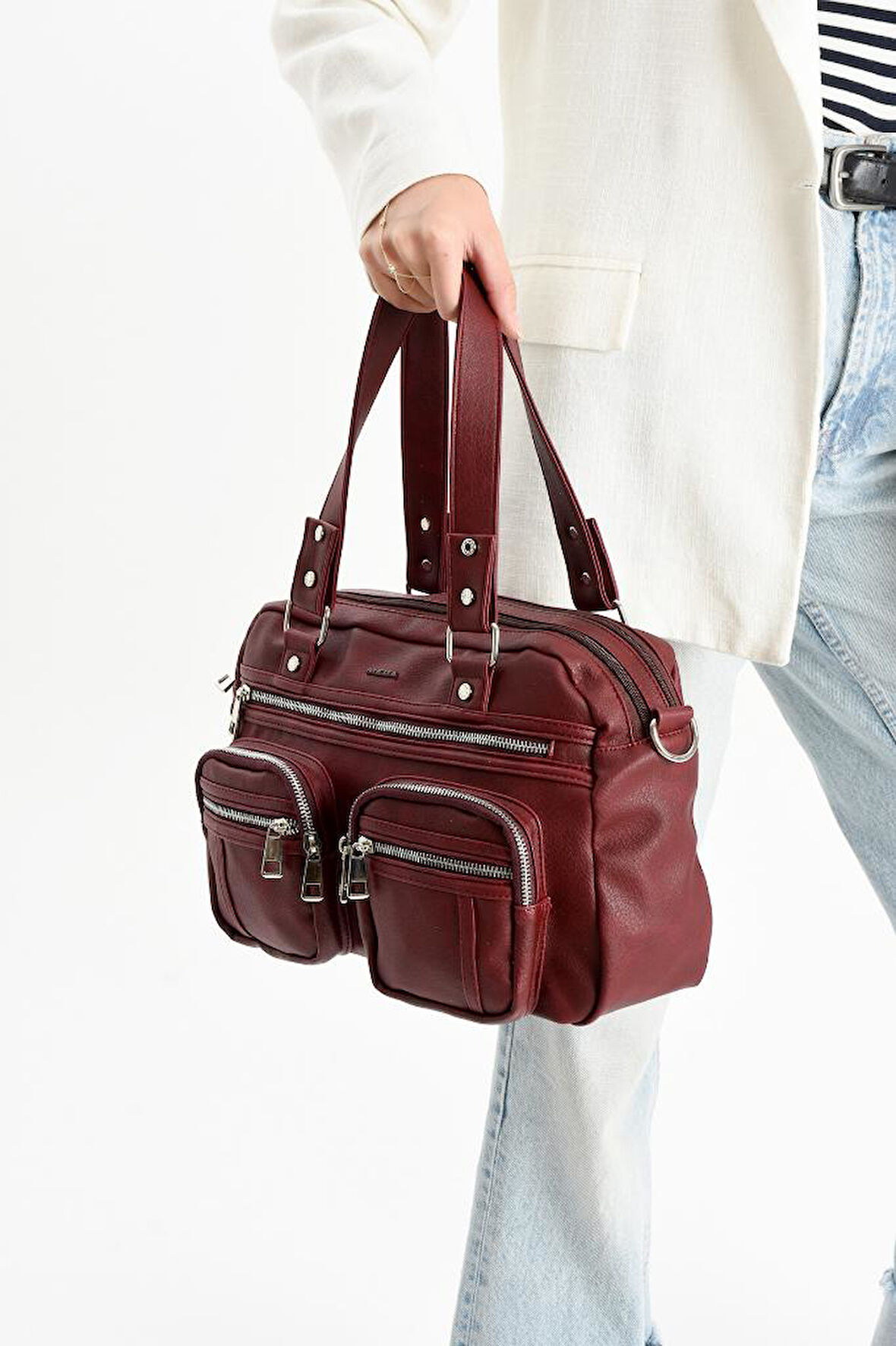 Suni Deri Kadın Omuz Çantası 35*25 Cm Çapraz Askılı Postacı Çanta Çok Cepli Vegan Deri Kol Çantası