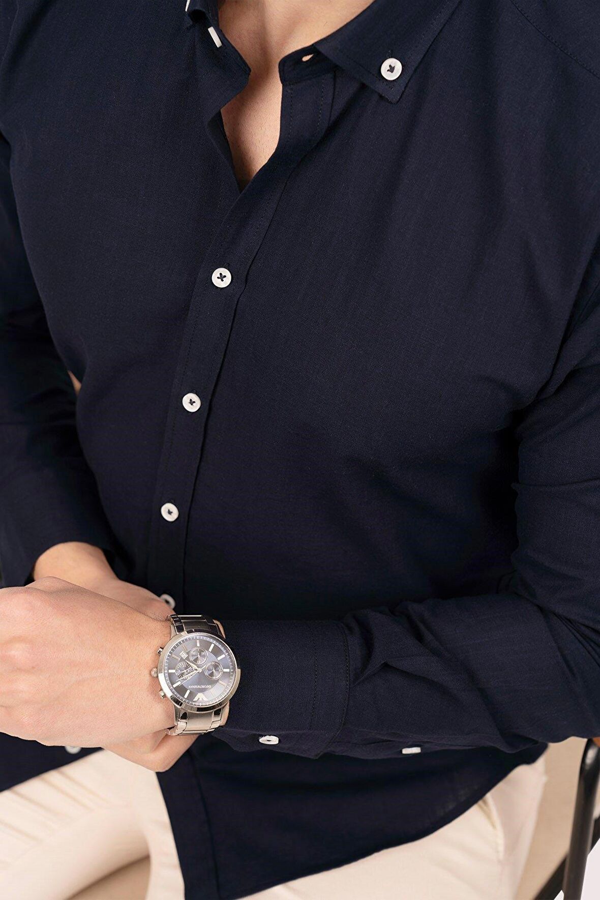 Lacivert Yaka Düğmeli Keten Slimfit   Gömlek