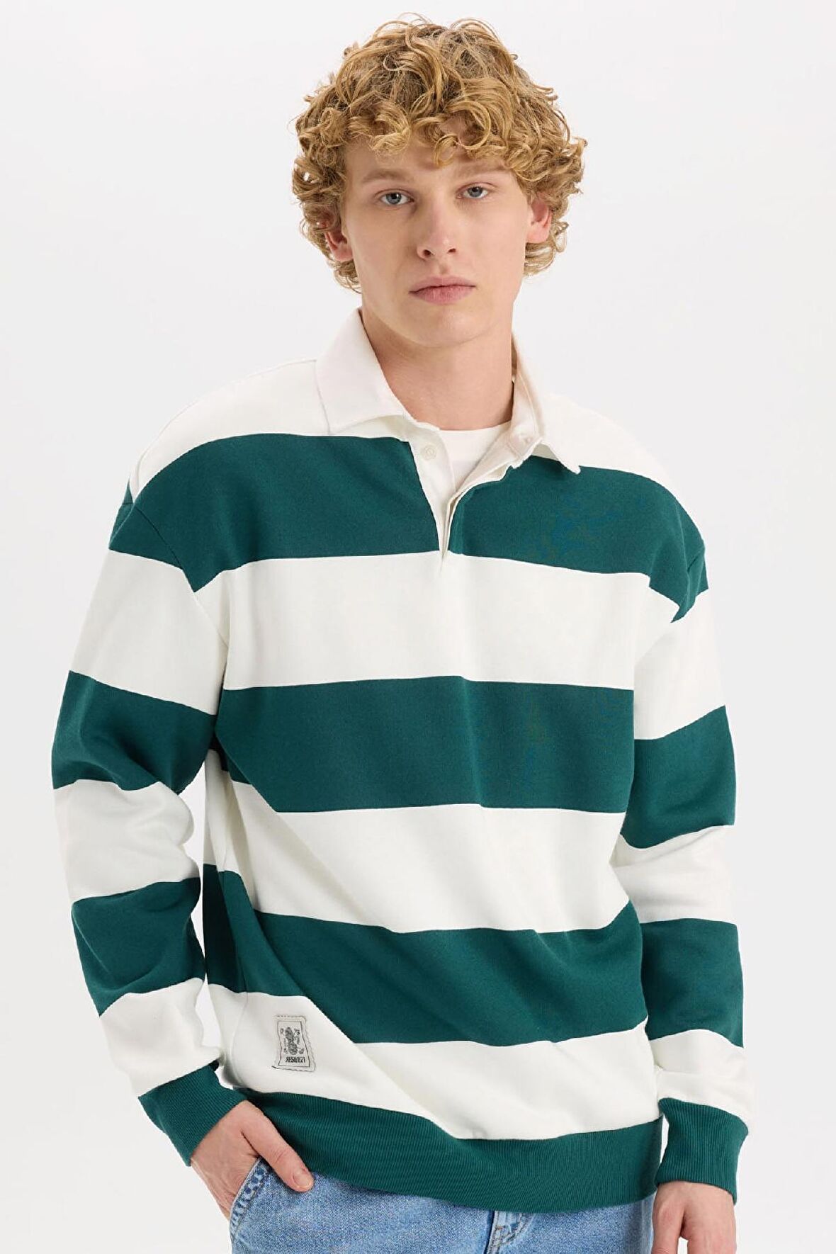 Boxy Fit Polo Yaka Çizgili Sweatshirt