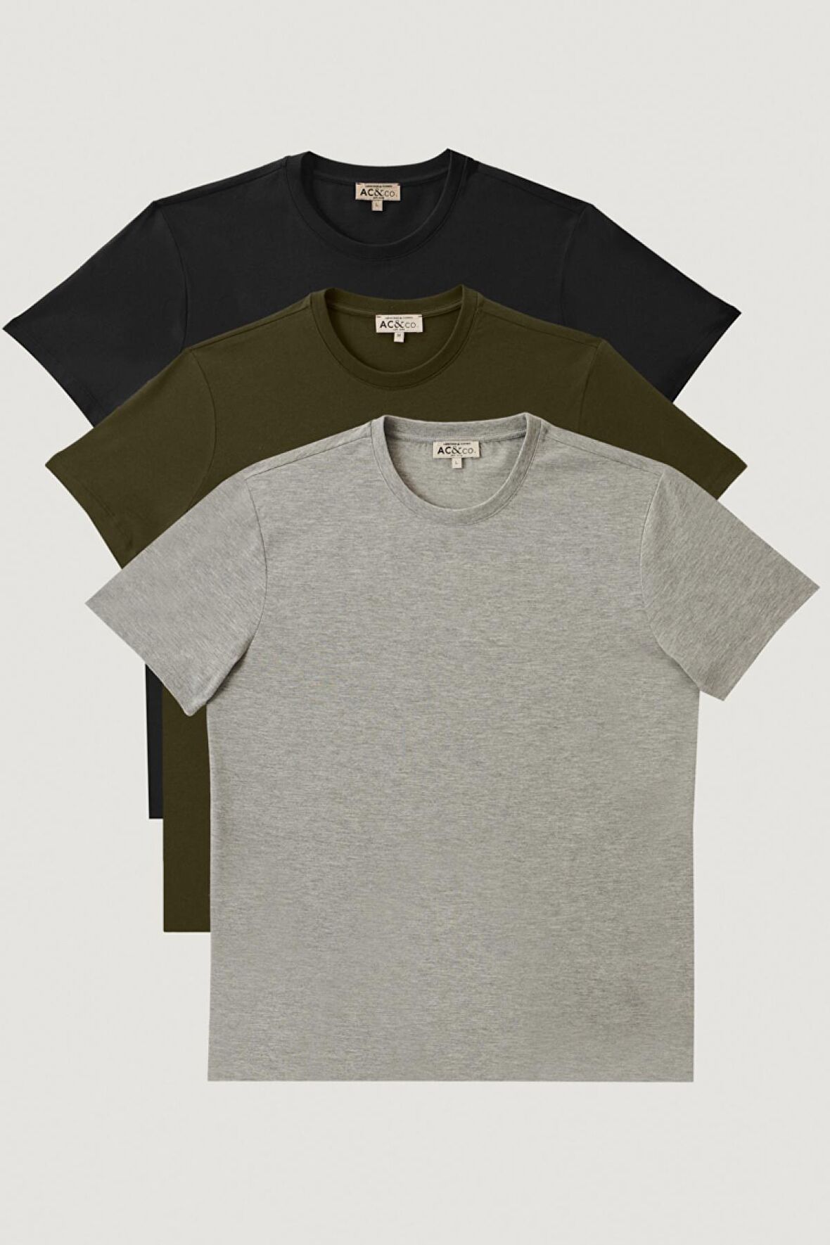Erkek Siyah-Haki-Gri Melanj Slim Fit Bisiklet Yaka 3'lü %100 Pamuk Tişört Paketi