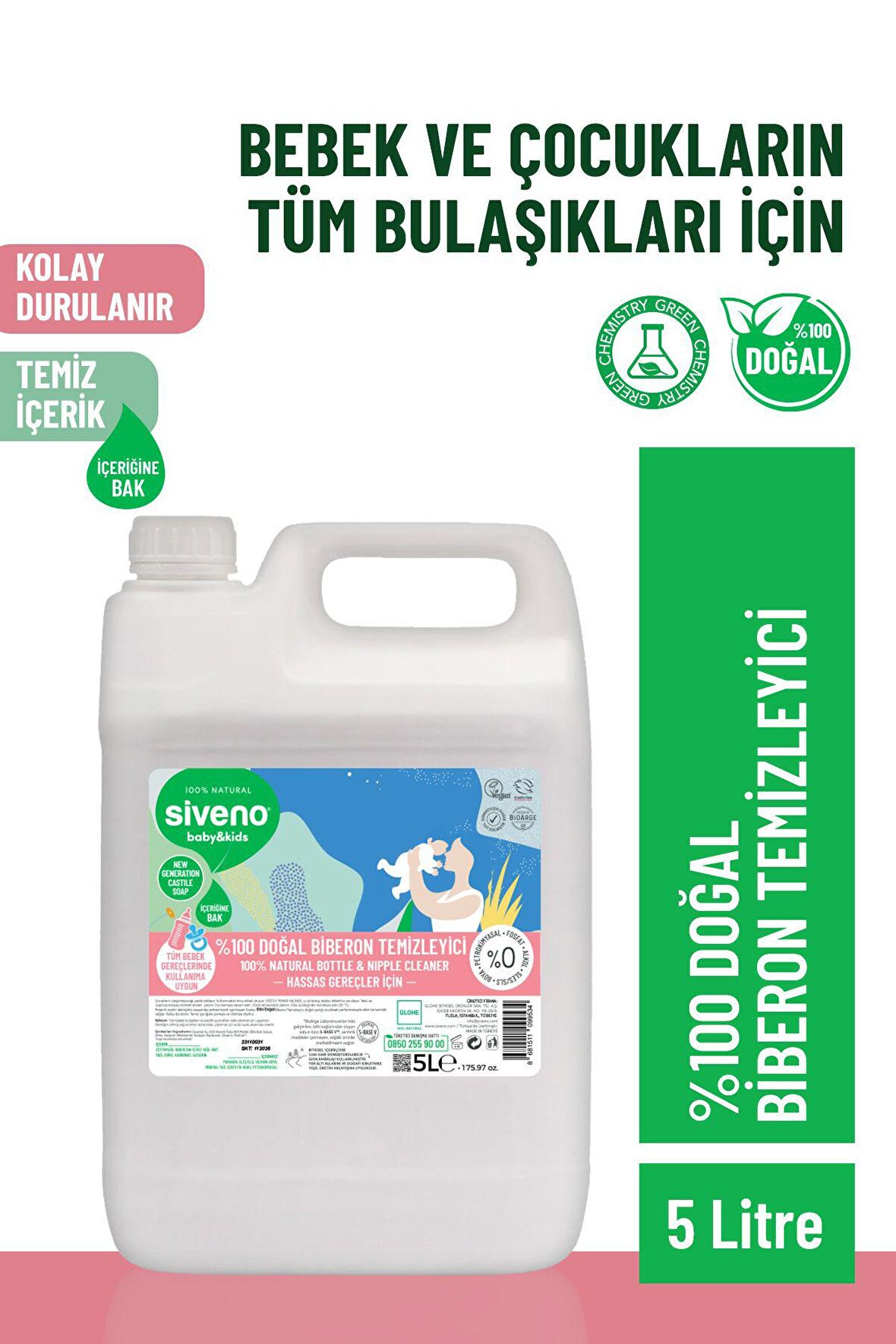 Siveno %100 Doğal Emzik ve Biberon Temizleyicisi Bitkisel Elde Bulaşık Sabunu Nemlendirici Vegan 5000 ml