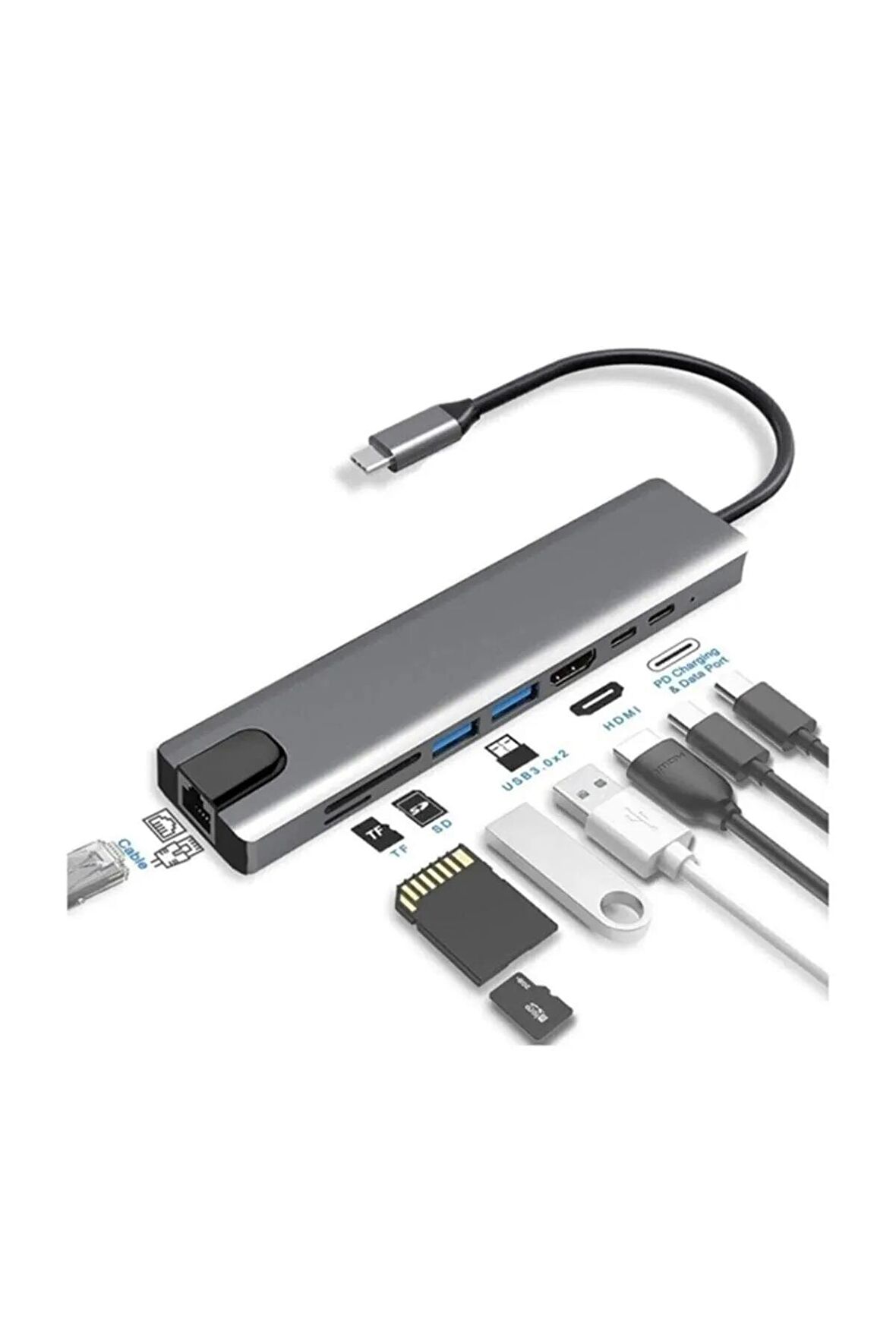8 In 1 Ethernet Sd Usb Type C Hub Hdmı Girişli Macbook Çevirici 8in1