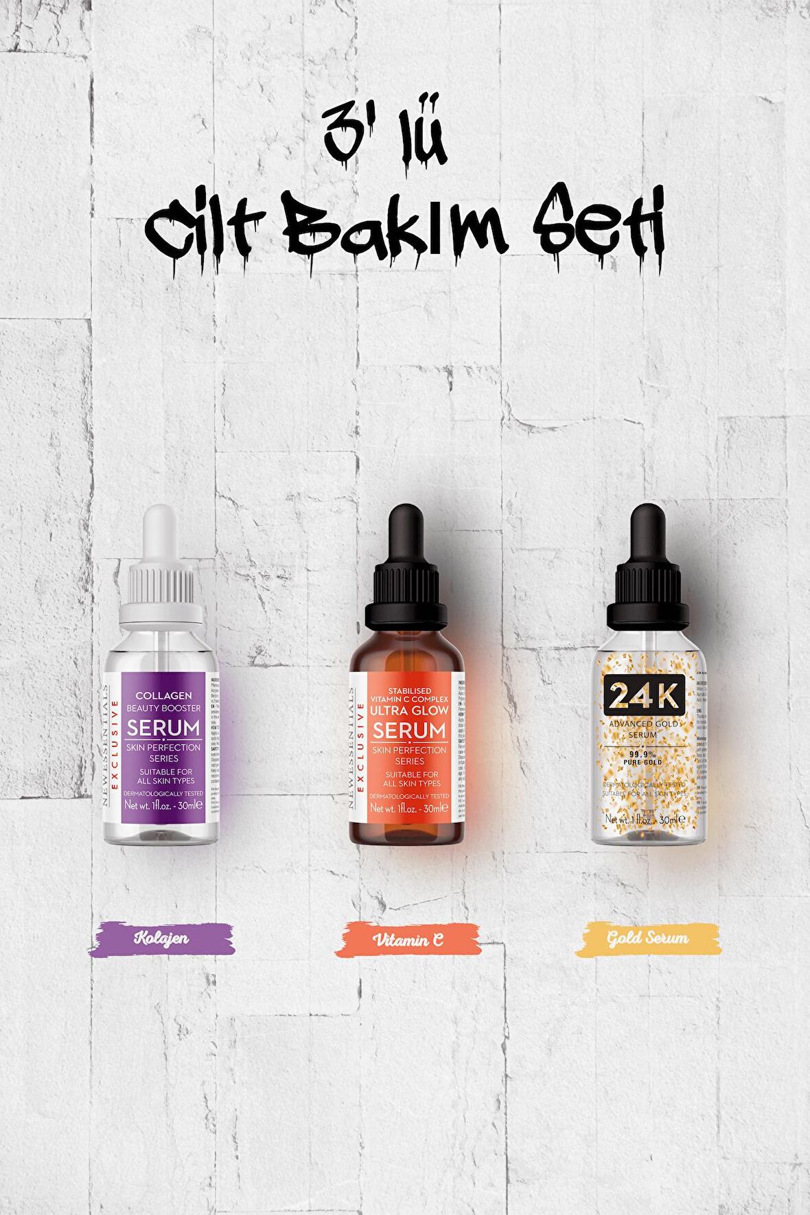 3Lü Avantaj Serum Seti - Kolajen Serum + C Vitamini Serum + 24K Altın Parçacıklı Serum  3x30 ml