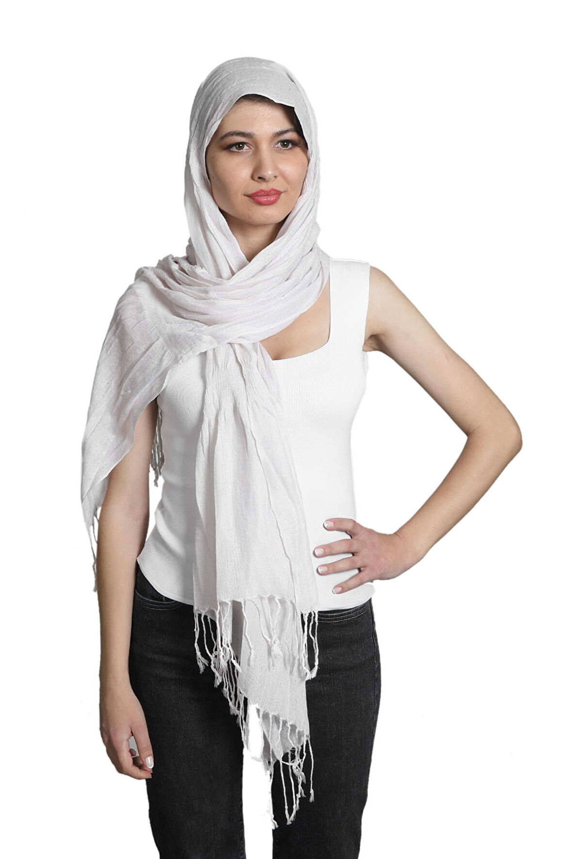 Ekru Renk Pamuklu Polyester Dokulu Şal Fular