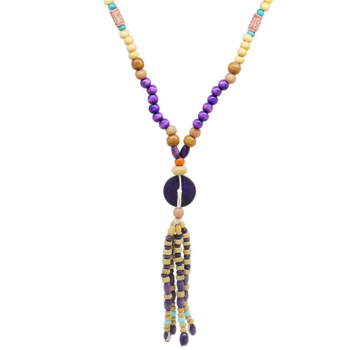 Tesbihane El Yapımı Etnik Ahşap Kombinli Mor Renk Geçişli Tekerlek Detaylı Otantik Kolye