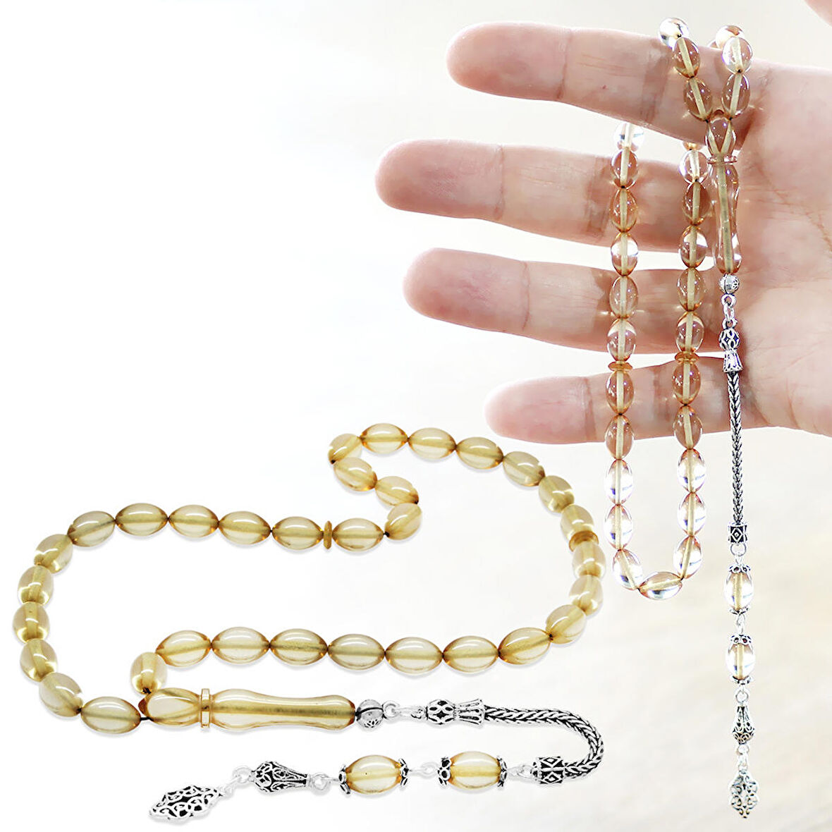 925 Ayar Gümüş Püsküllü Arpa Kesim Şeffaf Beyaz Ateş Kehribar Tesbih